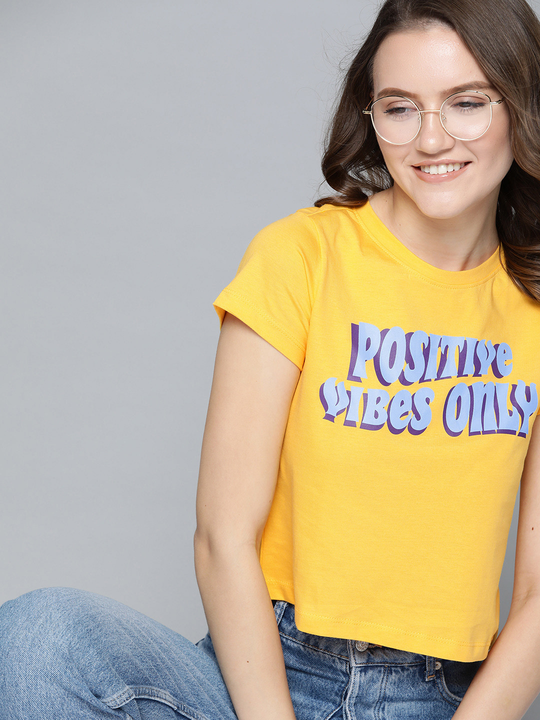 

Mast & Harbour Women Yellow & Blue Typography Printed Cotton T-shirt