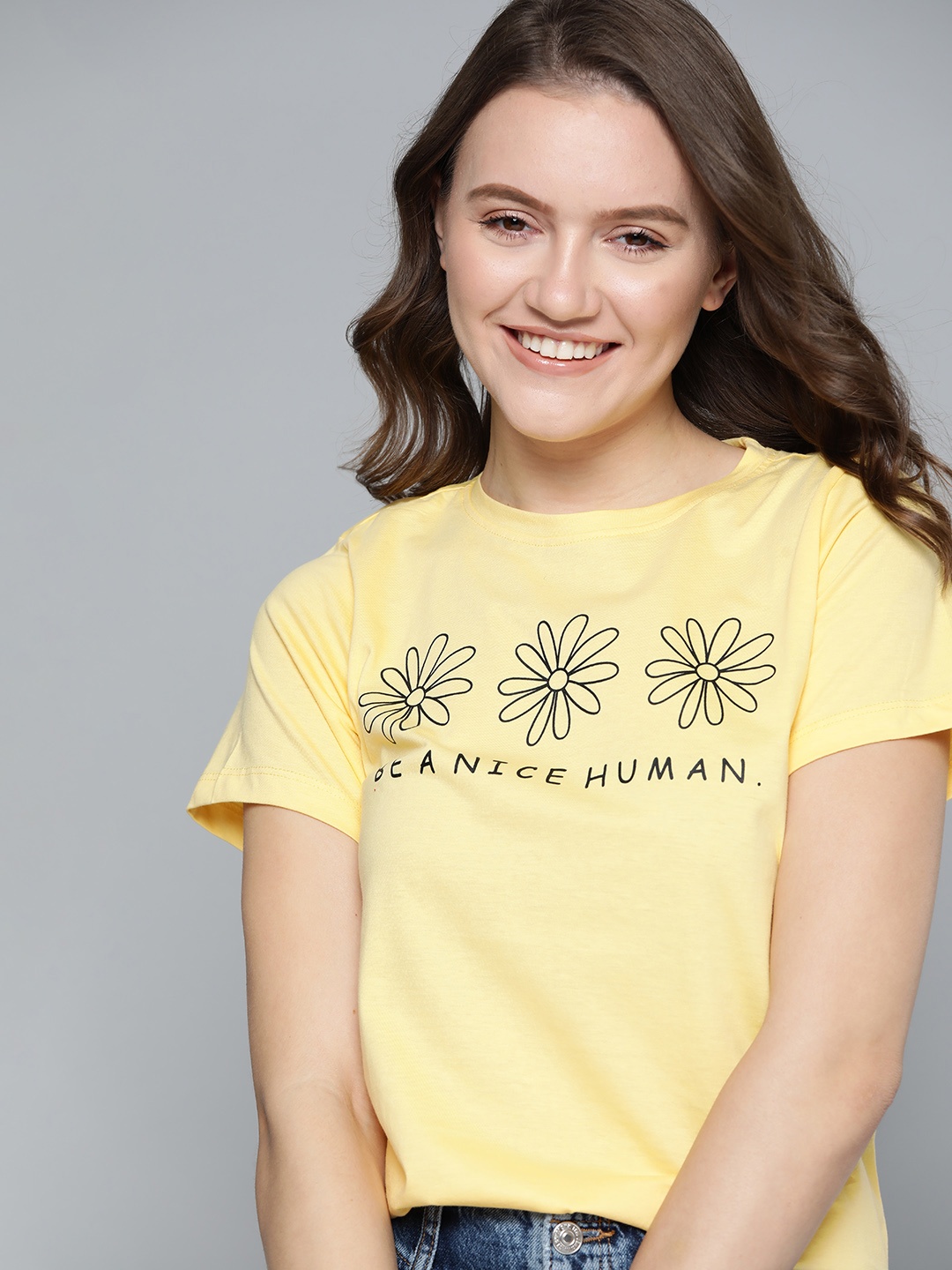 

Mast & Harbour Women Yellow Pure Cotton Typography Printed T-shirt