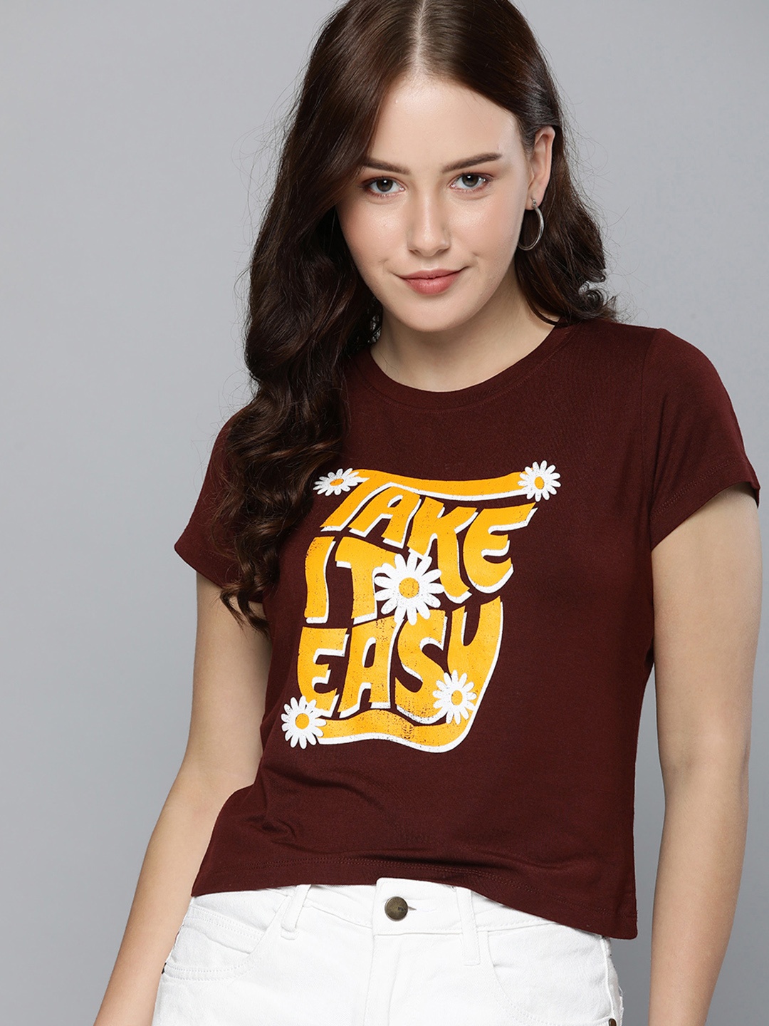 

Mast & Harbour Women Burgundy Typography Printed T-shirt