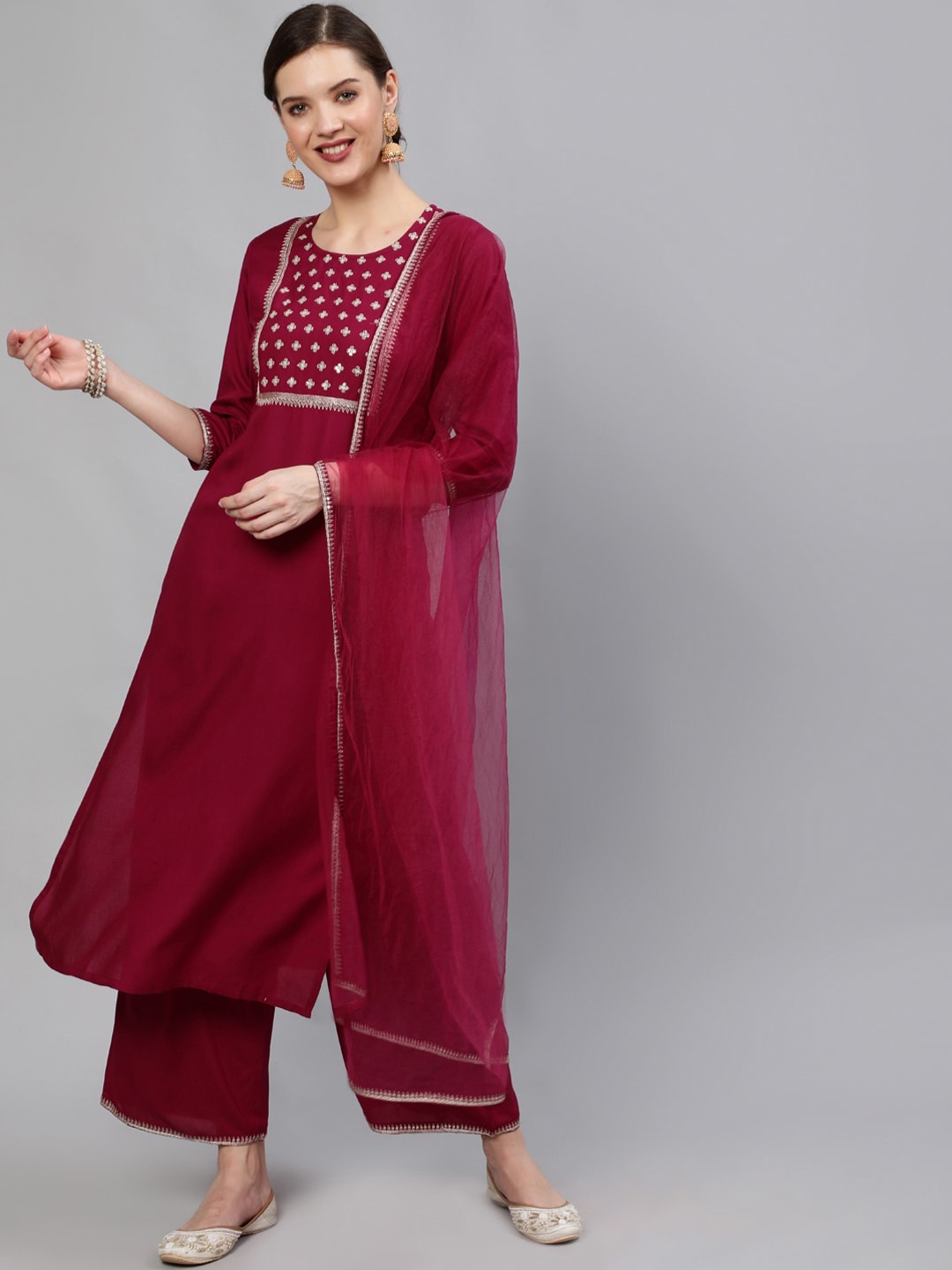 

Nayo Women Burgundy Floral Yoke Design Regular Sequinned Kurta with Palazzos With Dupatta