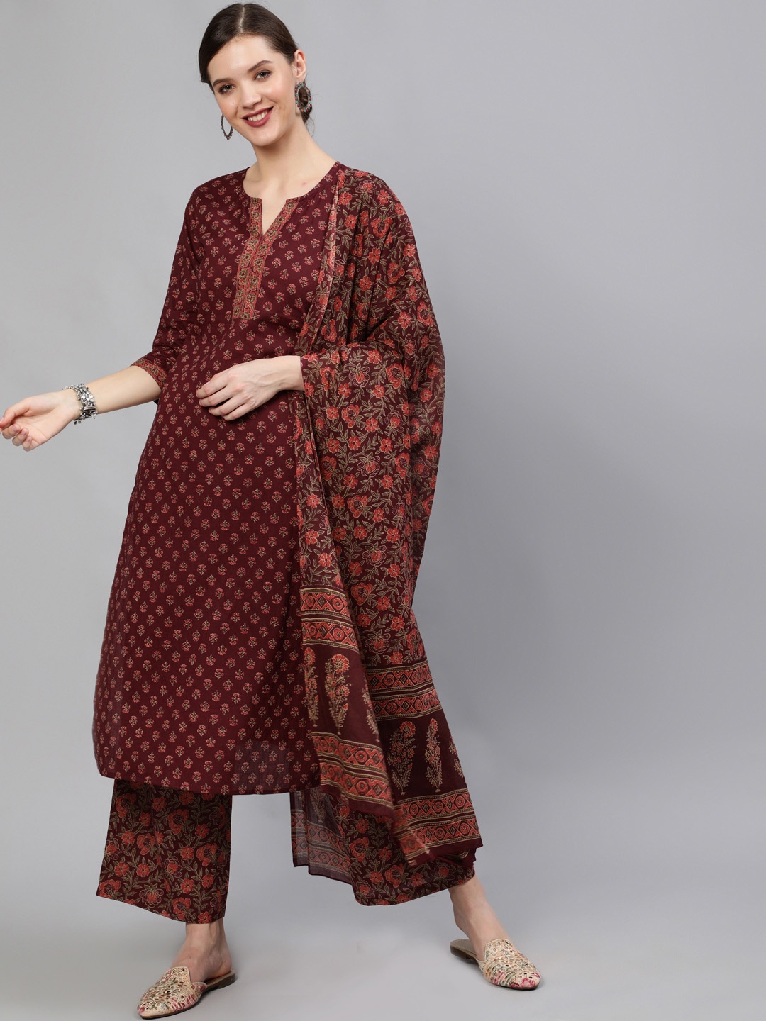 

Nayo Women Burgundy Floral Printed Regular Pure Cotton Kurta with Palazzos & With Dupatta