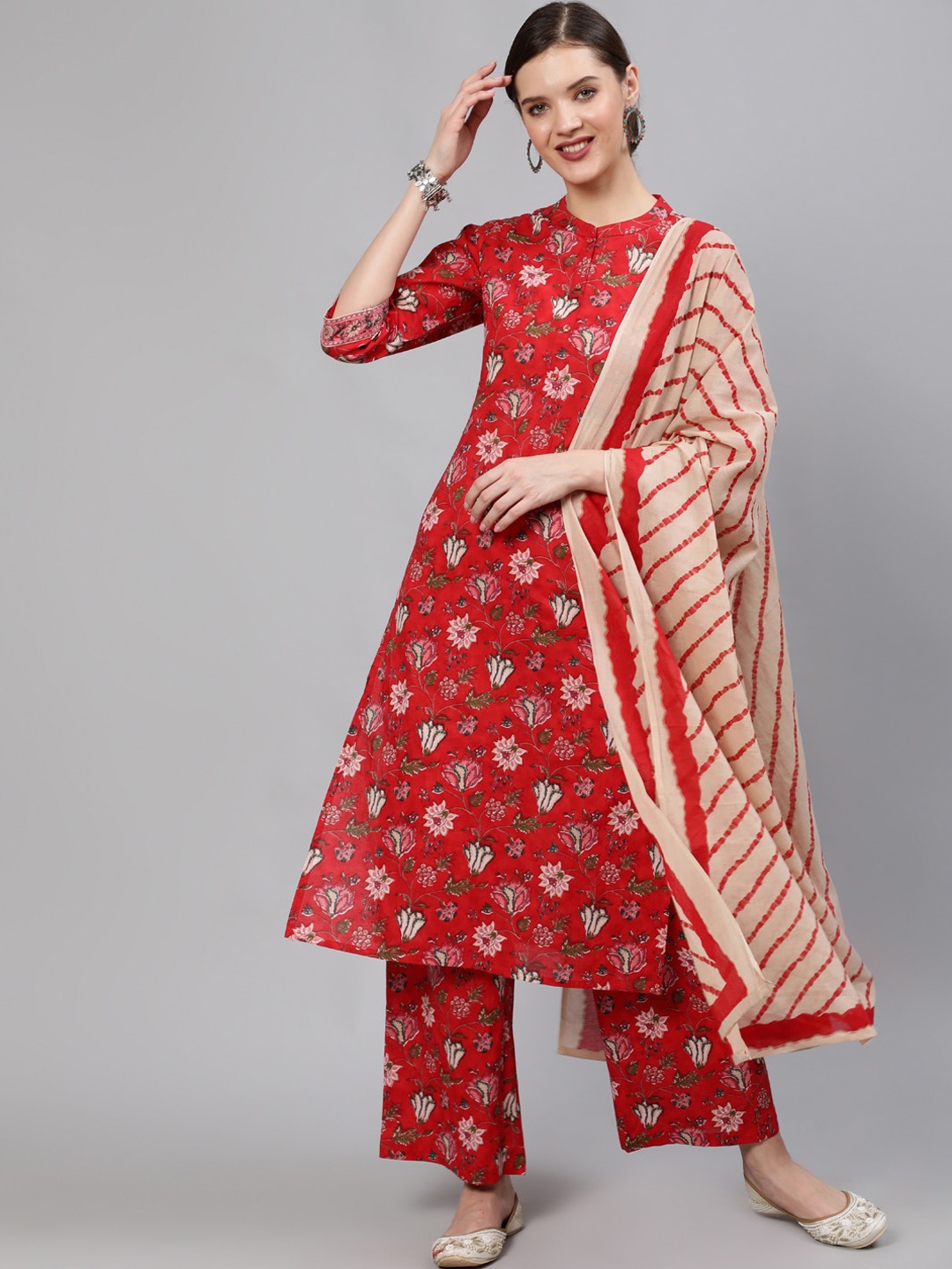 

Nayo Women Red Floral Print Pure Cotton Straight Kurta with Palazzos & Dupatta