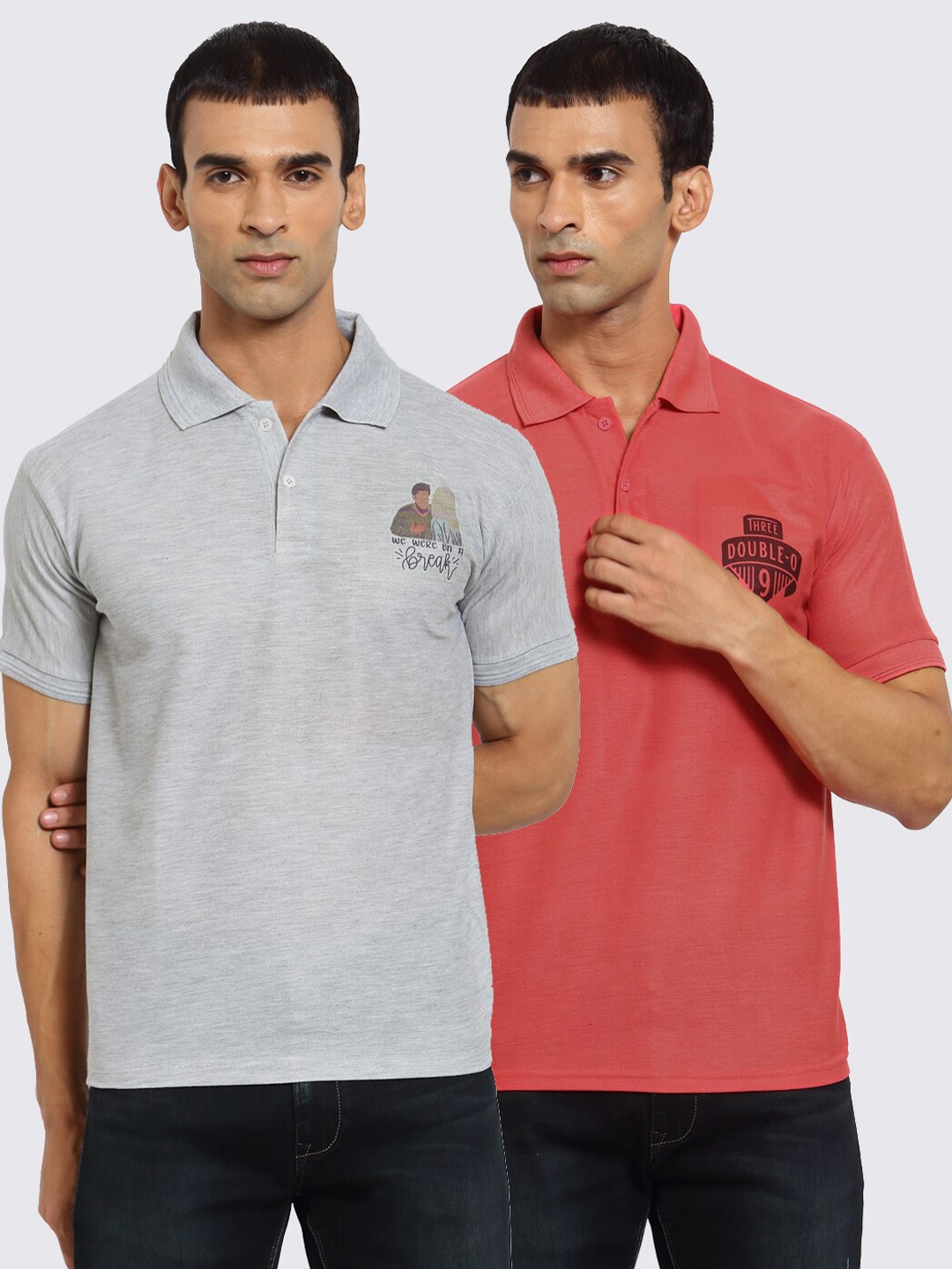 

KLOTTHE Men Grey & Peach-Coloured 2 Printed Polo Collar T-shirt