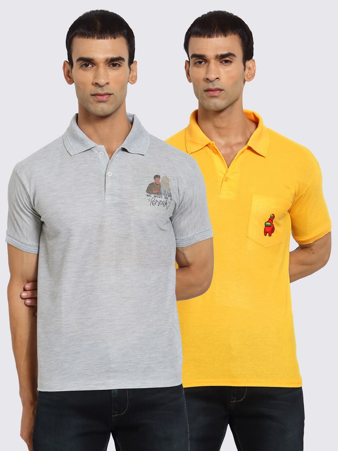 

KLOTTHE Men Set Of 2 Grey & Yellow Polo Collar T-shirt