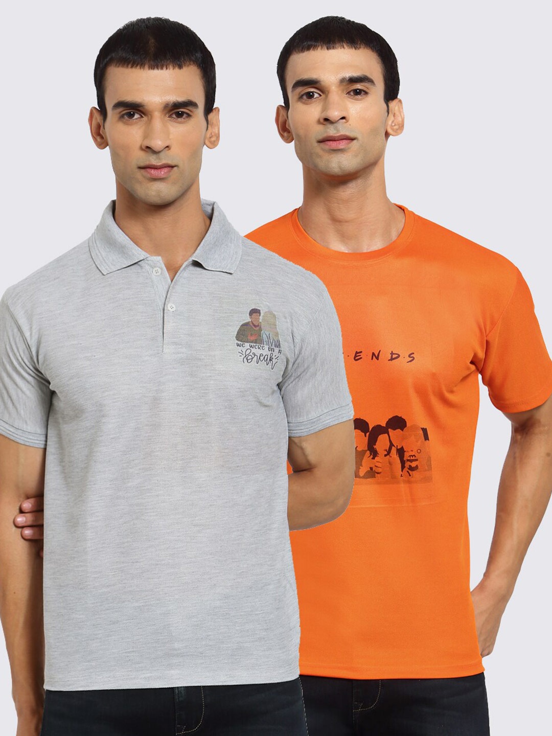 

KLOTTHE Men Grey & Orange 2 Printed Polo Collar T-shirt