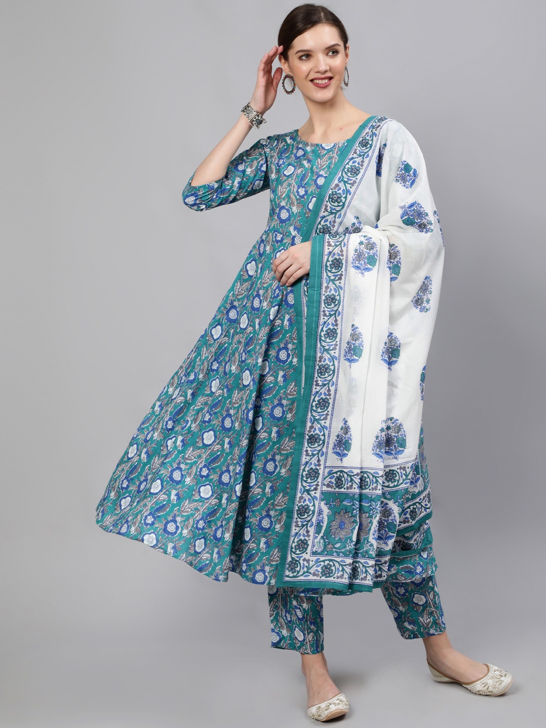 

Nayo Women Blue Ethnic Motifs Printed Regular Pure Cotton Kurta with Trousers & With Dupatta