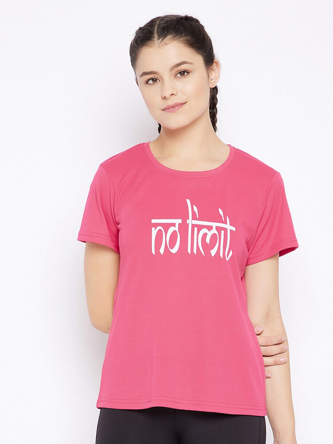 

Clovia Women Pink Typography Henley Neck Applique Training or Gym T-shirt