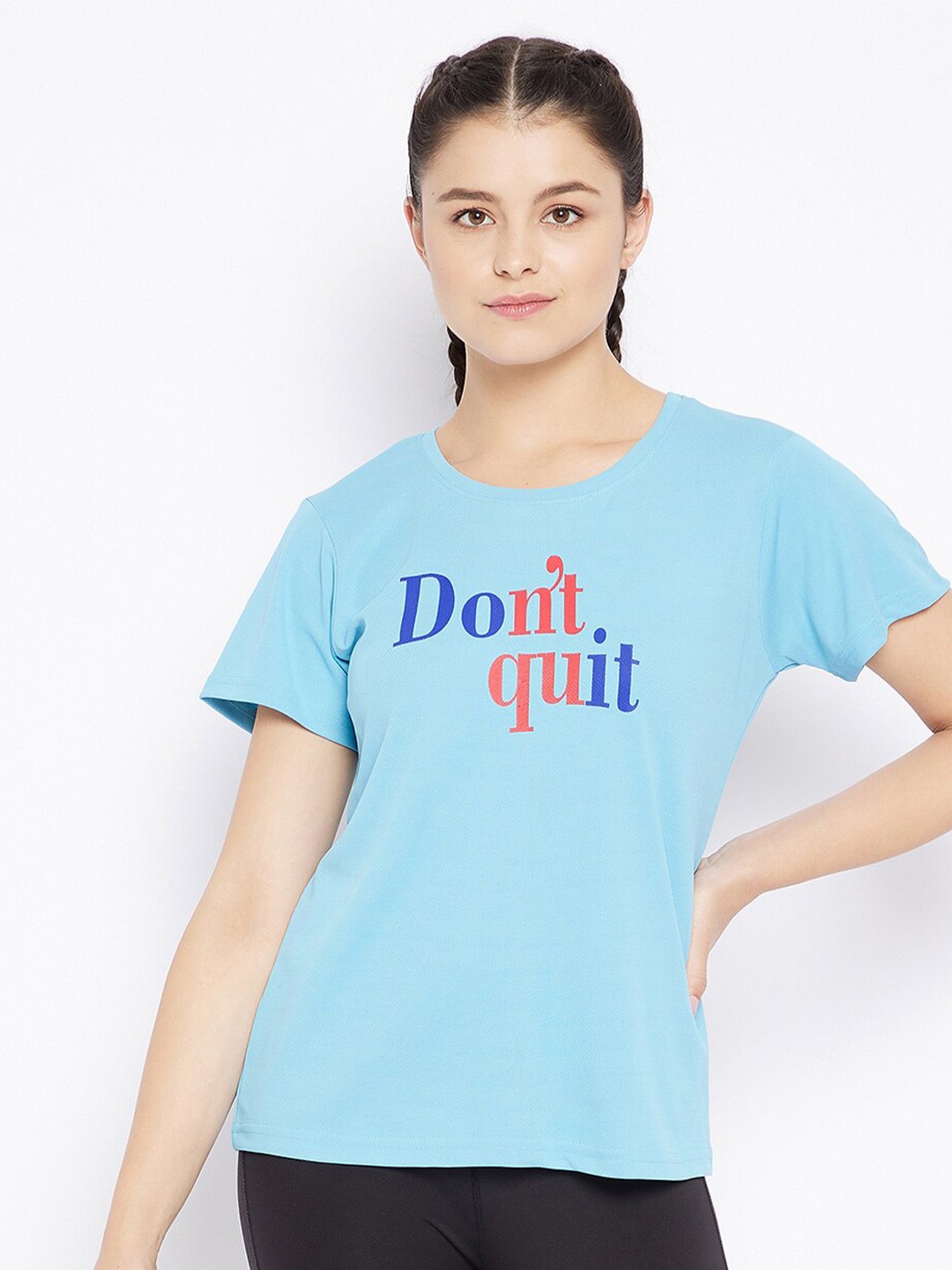 

Clovia Women Blue Printed Training or Gym T-shirt