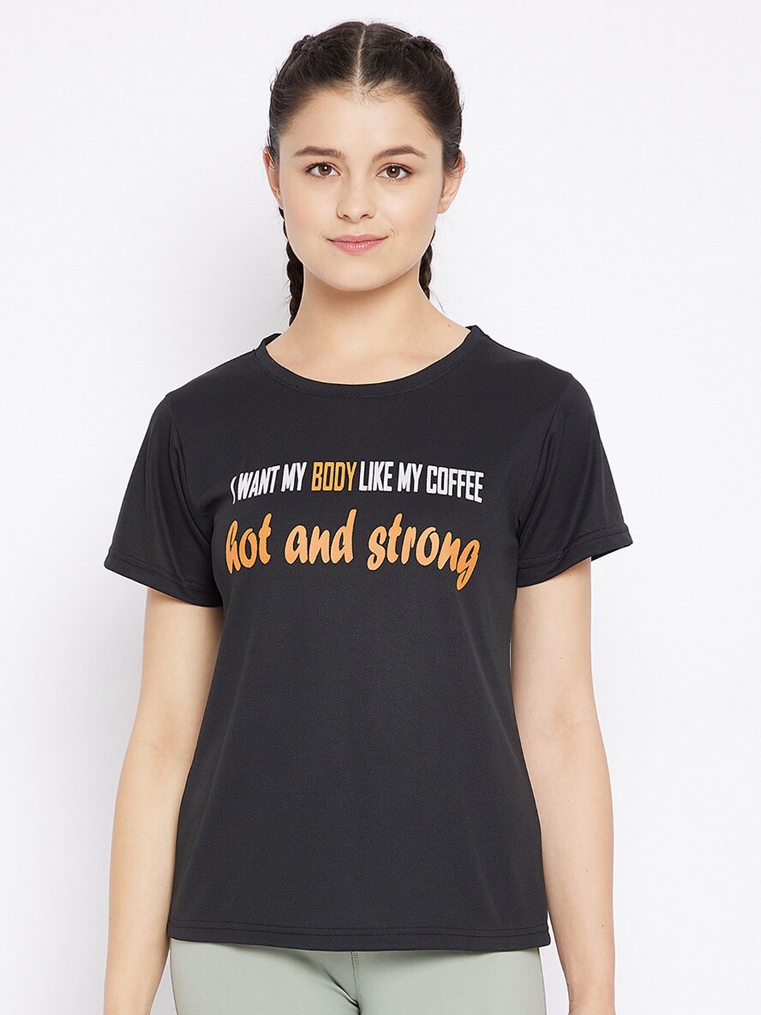 

Clovia Women Black Typography Printed Training or Gym T-shirt
