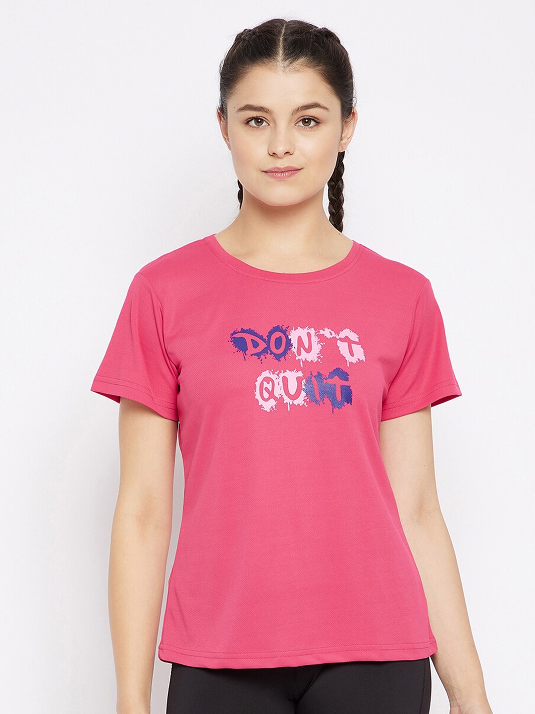 

Clovia Women Pink Typography Printed Training or Gym T-shirt