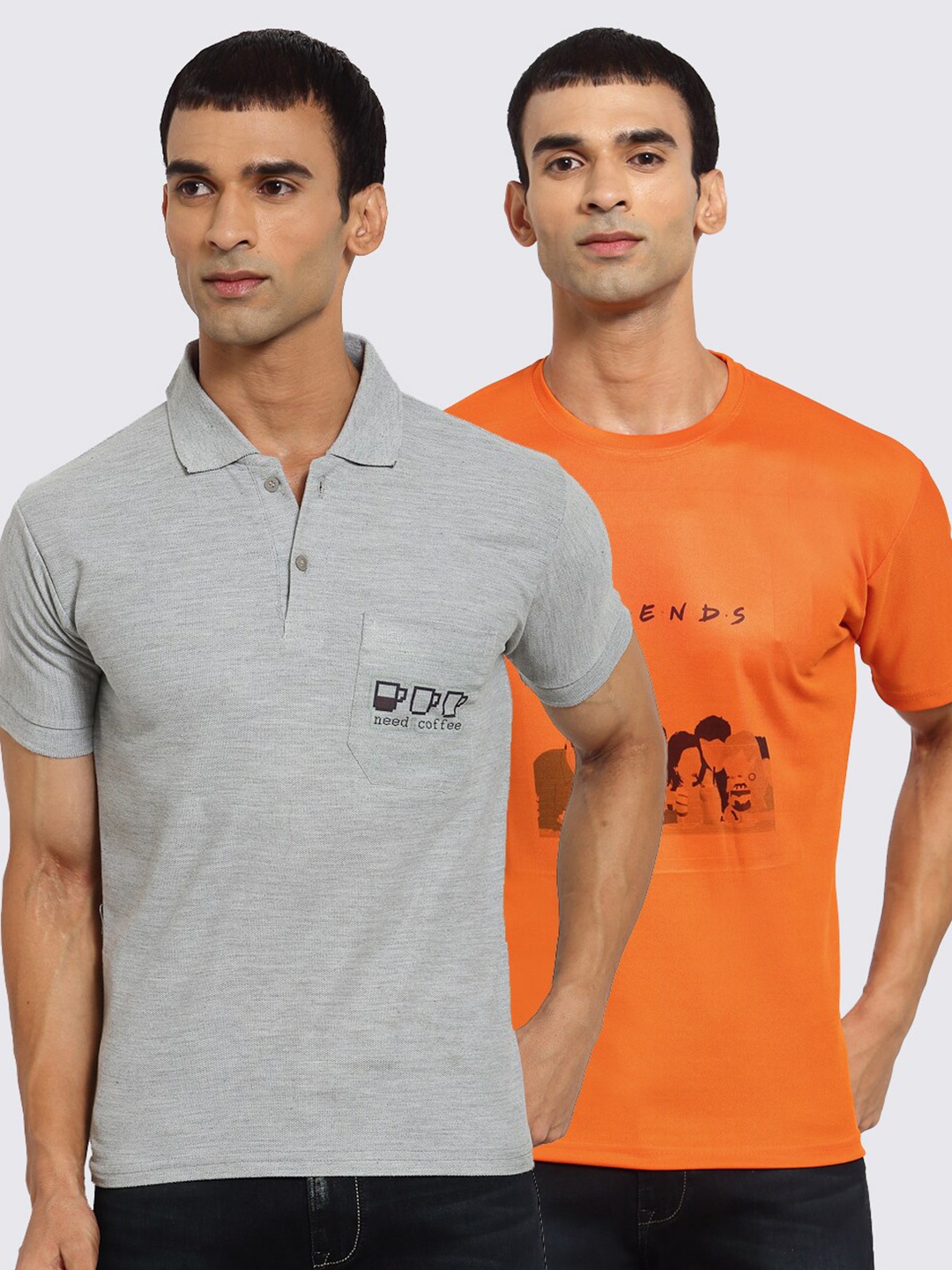 

KLOTTHE Men Pack Of 2 Grey & Orange Typography Printed T-Shirts