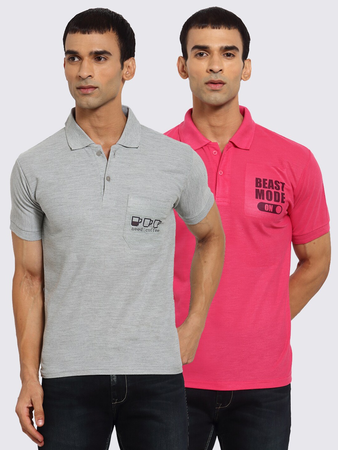 

KLOTTHE Men Pack Of 2 Polo Collar T-shirts, Grey