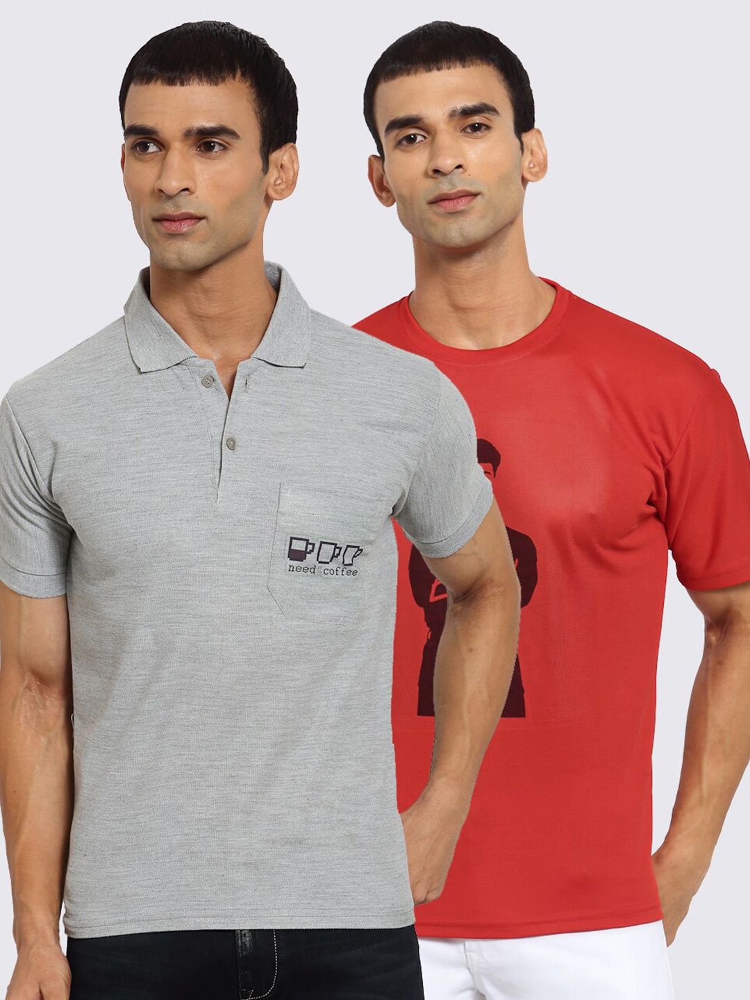 

KLOTTHE Men Grey & Red 2 Printed Polo Collar Pockets T-shirt