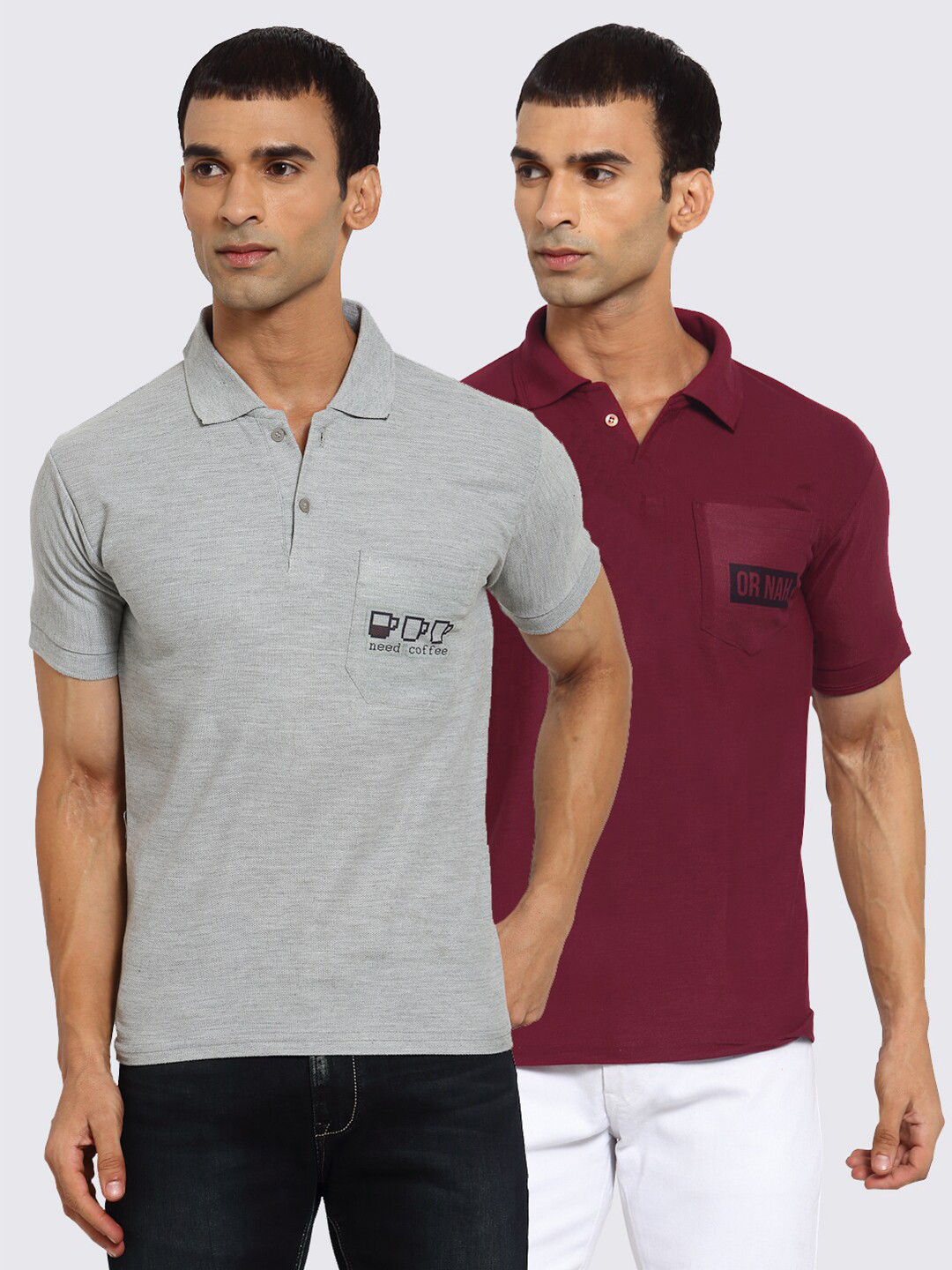 

KLOTTHE Men Pack Of 2 Polo Collar T-shirts, Grey