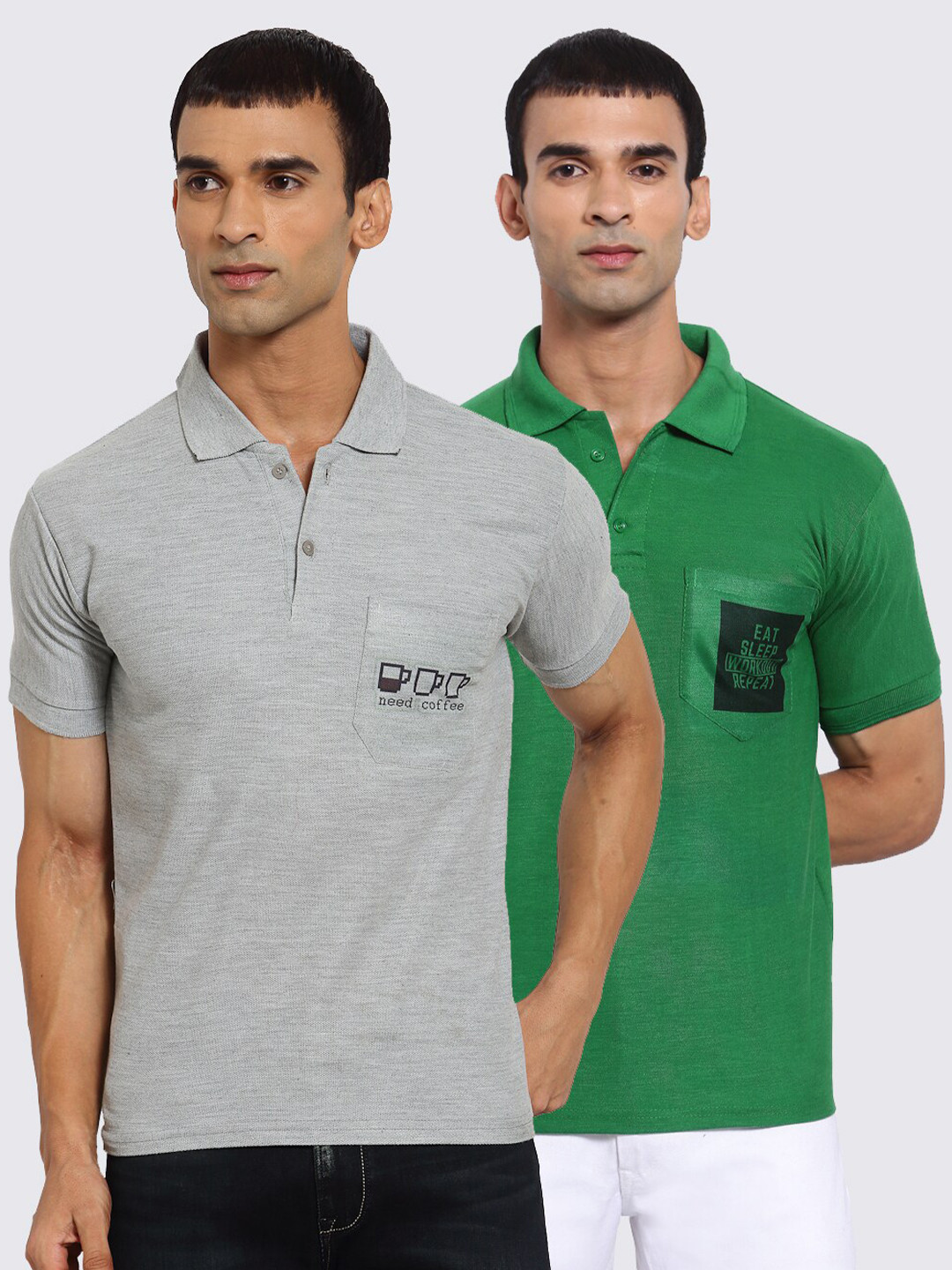 

KLOTTHE Men Grey & Green 2 Printed Polo Collar Pockets T-shirt