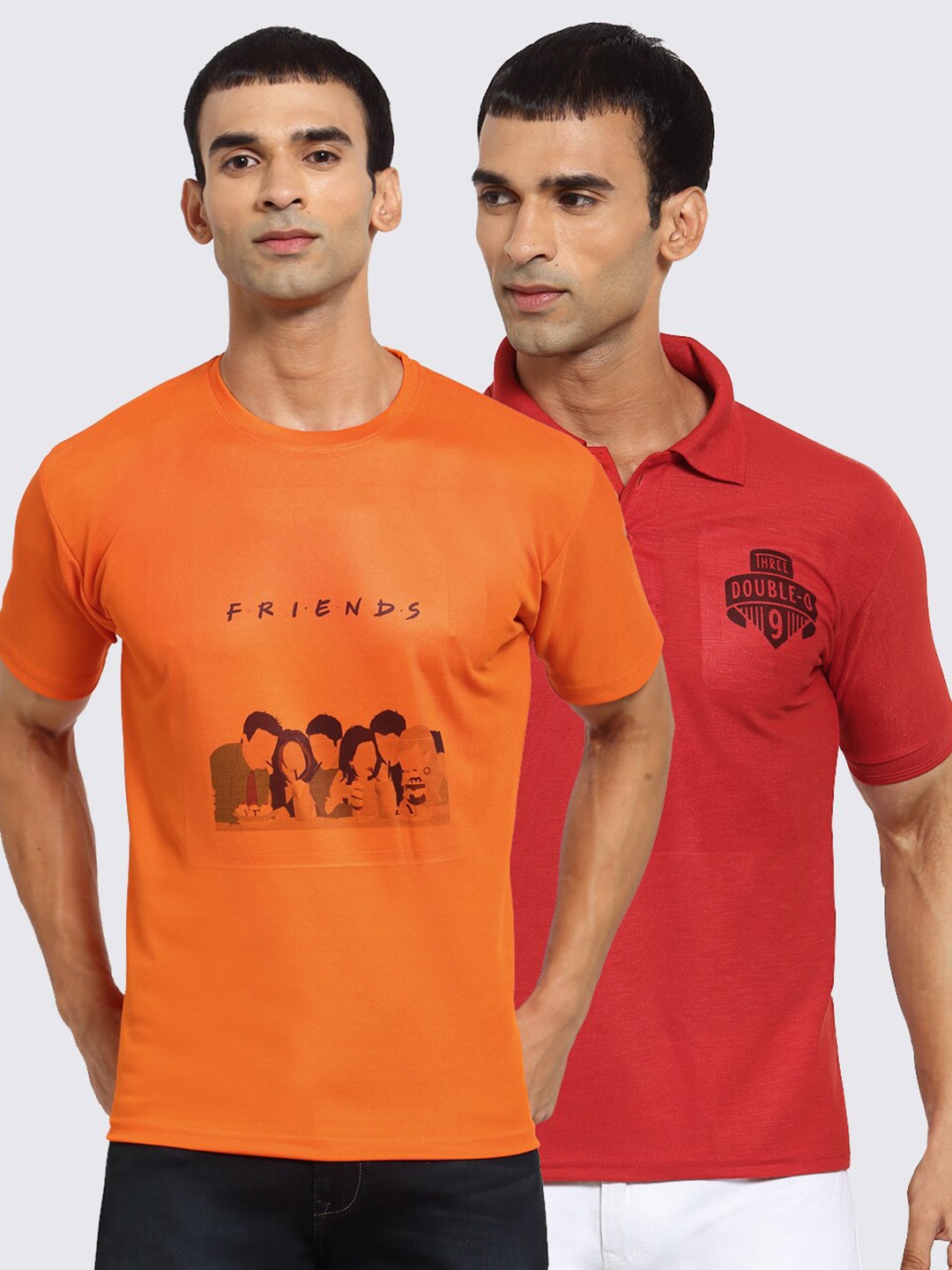 

KLOTTHE Men Orange & Red Typography Pack of 2 Printed Applique T-shirt