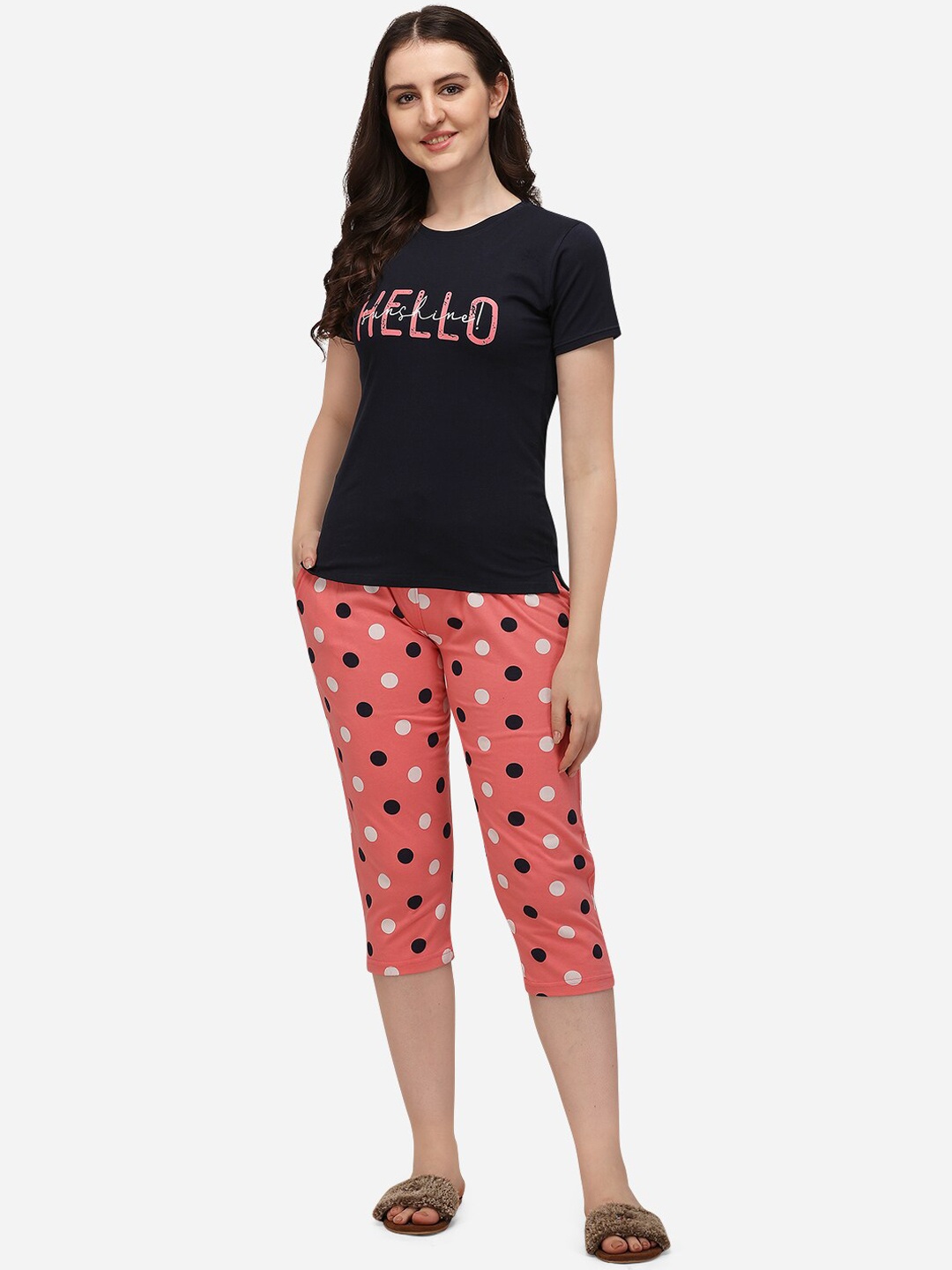 

Lenissa Women Navy Blue & Coral Printed Night suit