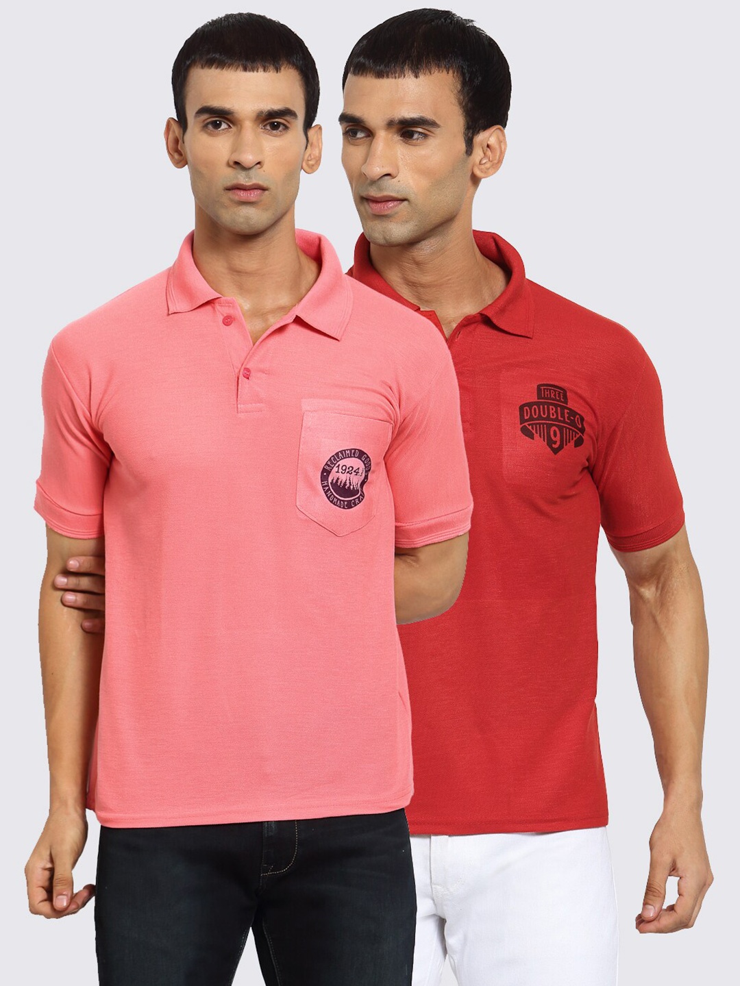 

KLOTTHE Men Peach & Red Pack of 2 Polo Collar Applique T-shirts