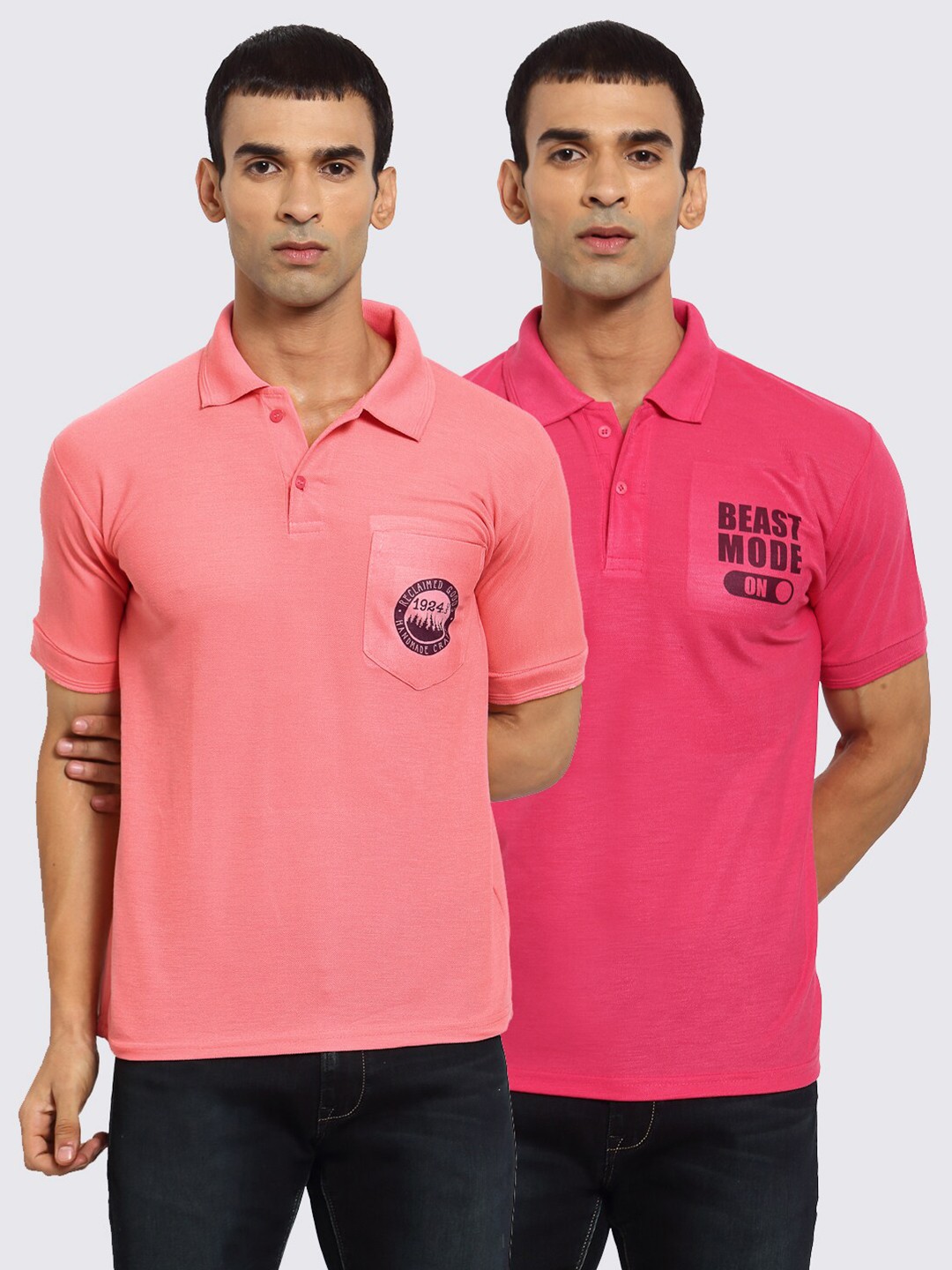 

KLOTTHE Men Peach-Coloured & Pink Typography Printed Pack Of 2 Polo Collar T-shirt