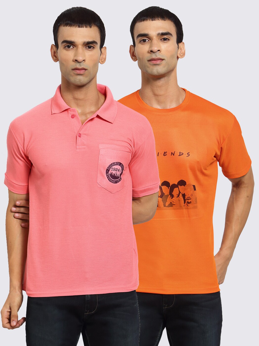 

KLOTTHE Men Peach-Coloured & Orange Pack Of 2 Printed T-shirts