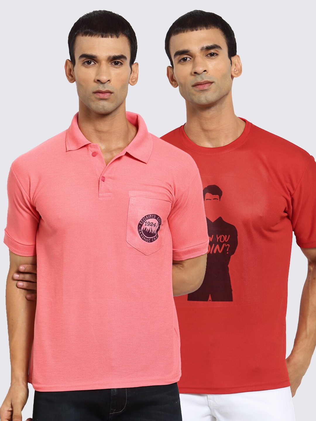 

KLOTTHE Men Peach-Coloured & Red 2 Printed Polo Collar Pockets T-shirt