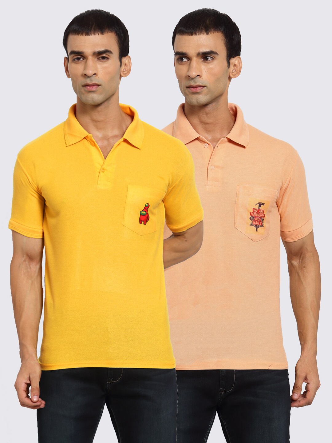 

KLOTTHE Men Yellow & Peach-Coloured 2 Printed Polo Collar Pockets T-shirt