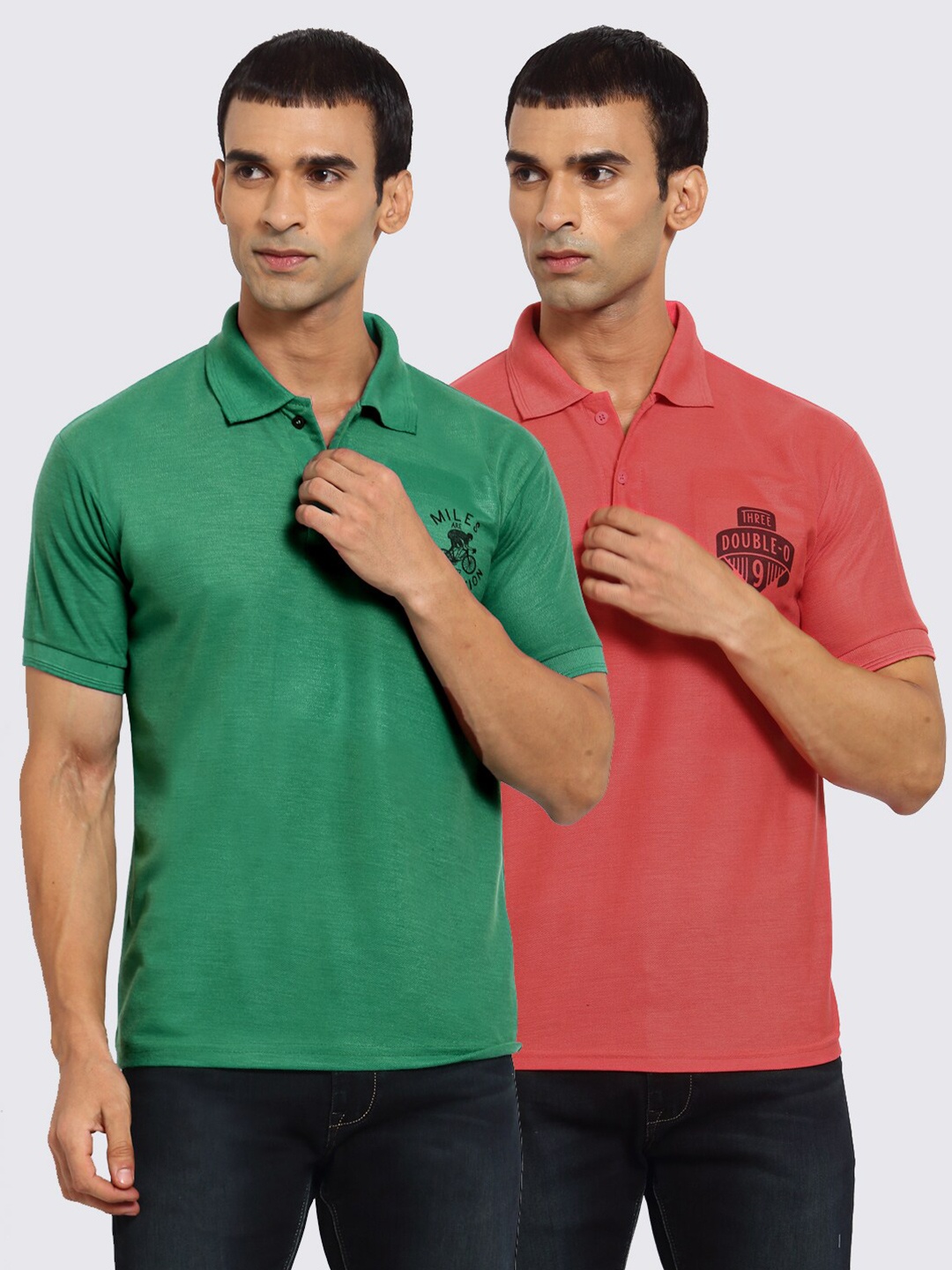 

KLOTTHE Men Green & Pink Set Of 2 Polo Collar Printed T-shirts