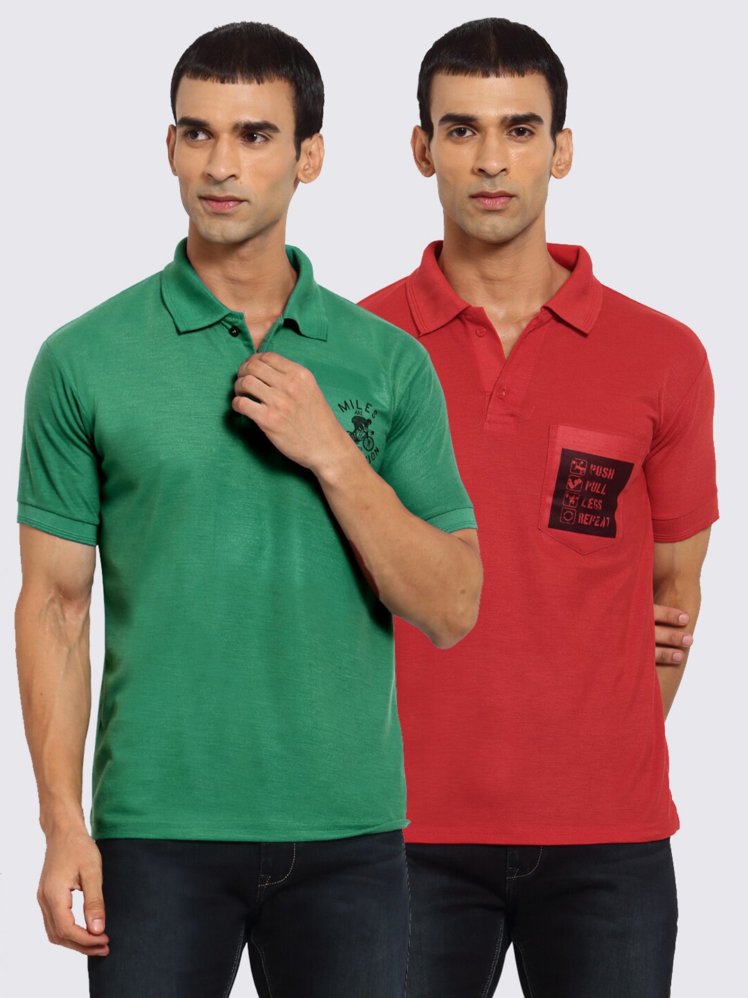 

KLOTTHE Men Green & Red 2 Polo Collar Pockets T-shirts