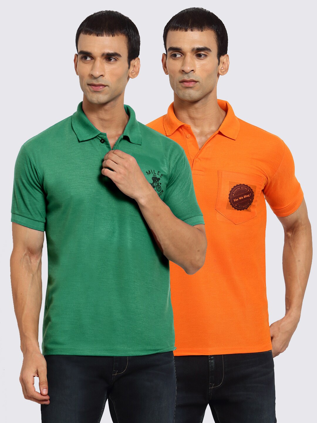 

KLOTTHE Men Green & Orange Set Of 2 Printed Polo Collar T-shirts
