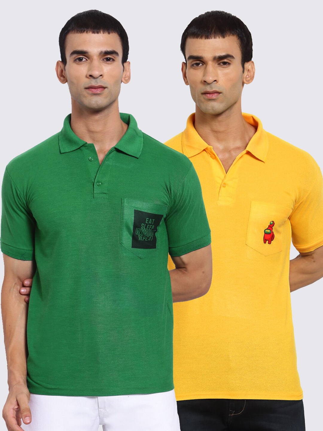

KLOTTHE Men Green & Yellow 2 Printed Polo Collar Pockets T-shirt