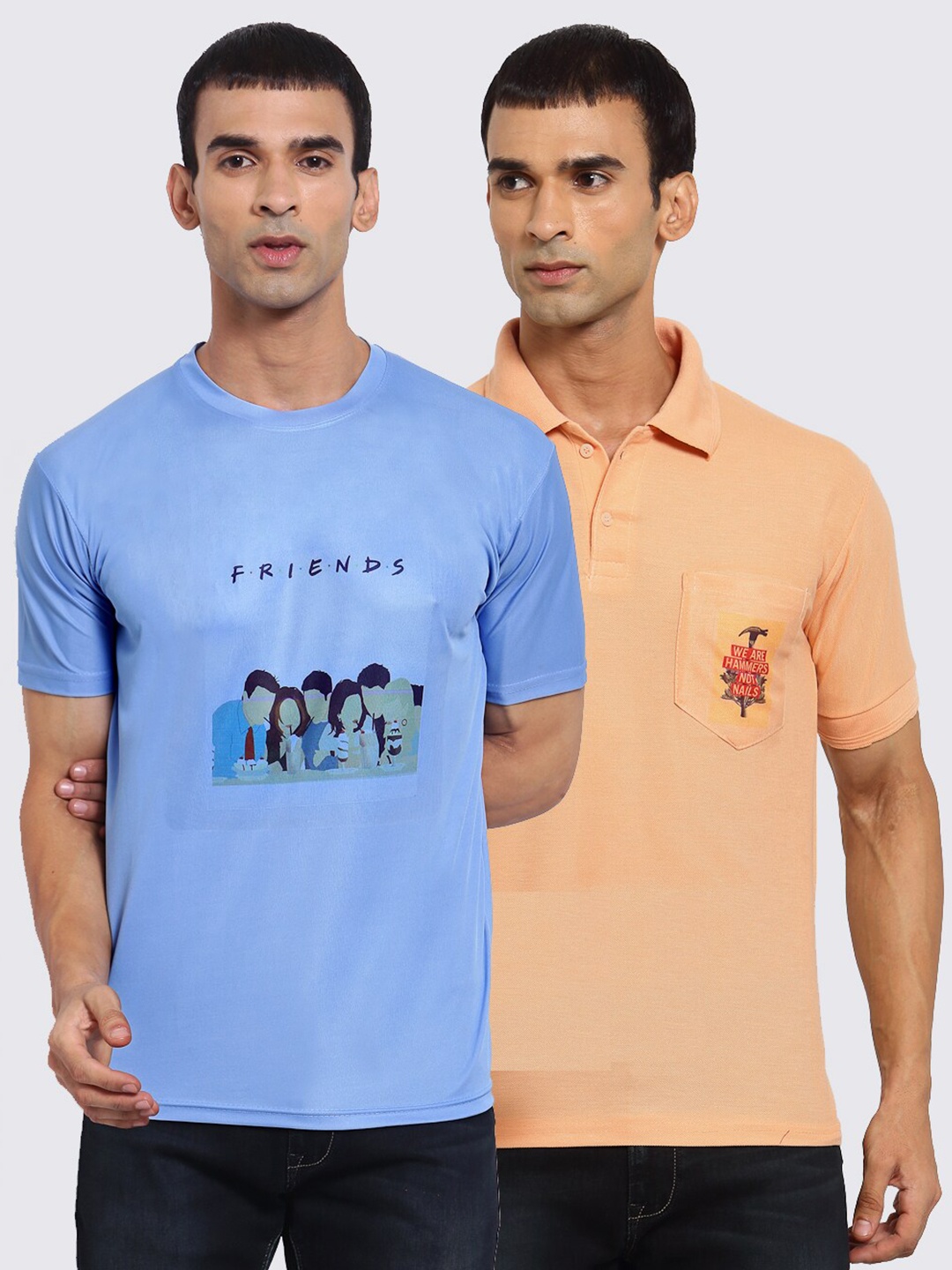 

KLOTTHE Men Pack of 2 Blue & Peach-Coloured Printed T-shirt