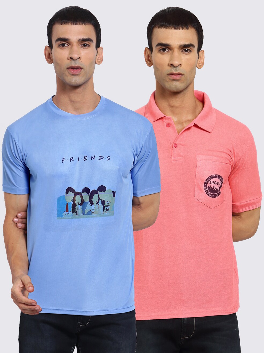 KLOTTHE Men Blue & Peach Pack of 2 Polo Collar T-shirts