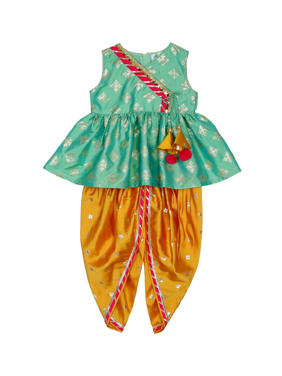 

SAKA DESIGNS Girls Green Printed Angrakha Gotta Patti Kurti with Dhoti Pants