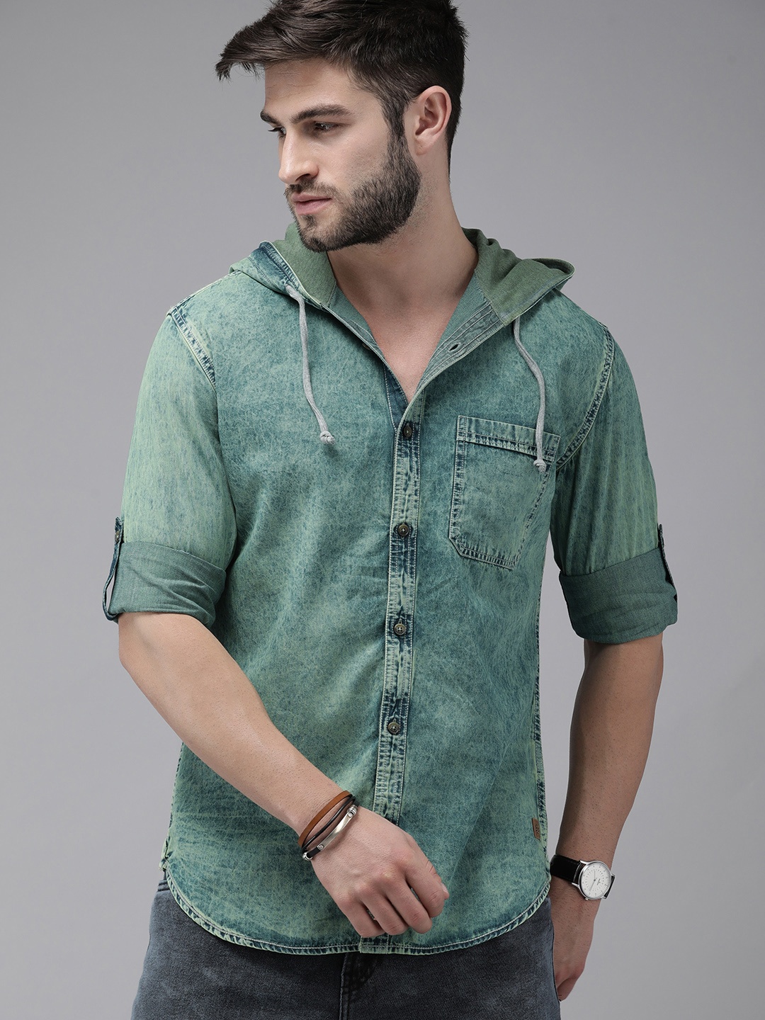 

The Roadster Lifestyle Co Men Teal Green Solid Regular Fit Hooded Denim Casual Shirt