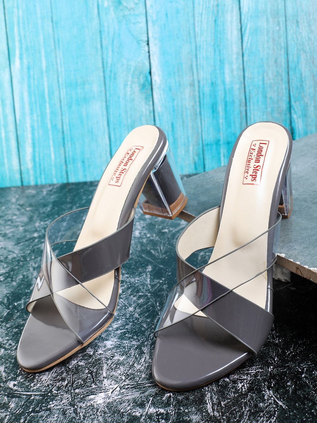 

LONDON STEPS Women Grey & Transparent Block Heels