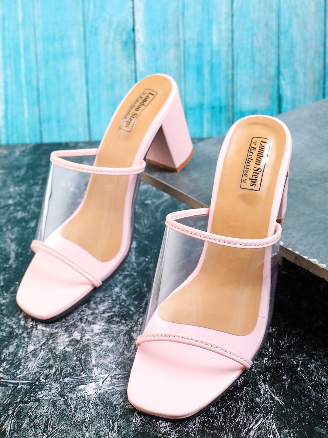 

LONDON STEPS Pink & Transparent Block Sandals