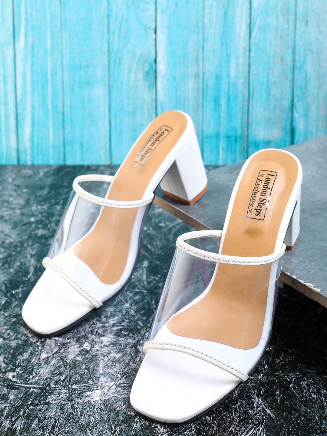 

LONDON STEPS White & Transparent Block Sandals