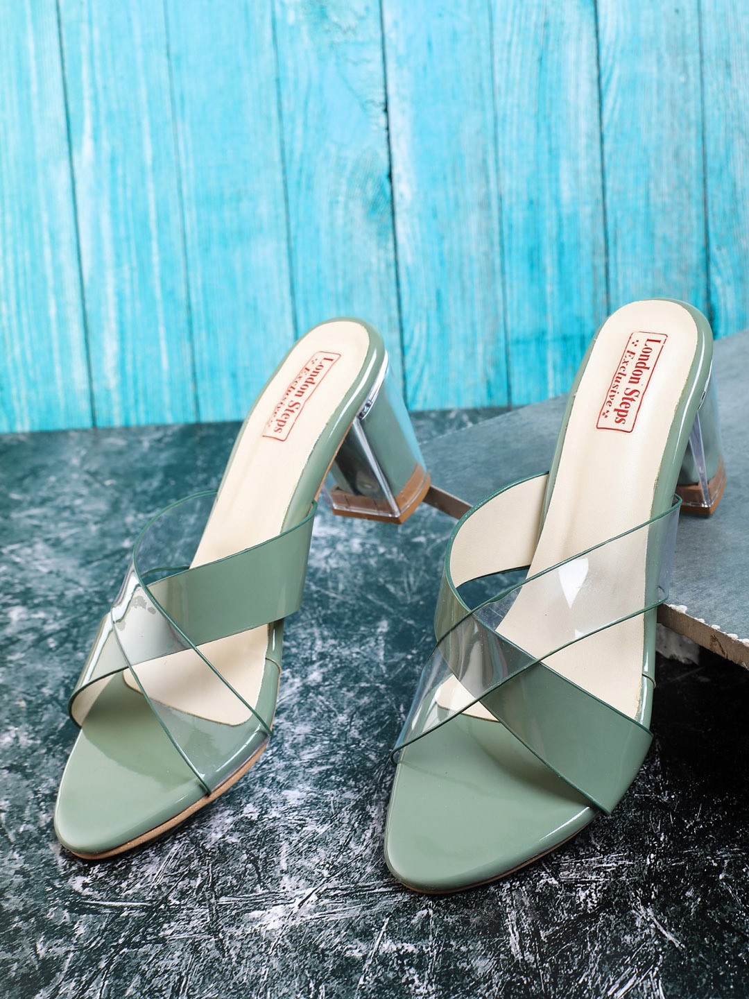 

LONDON STEPS Women Green & Transparent Block Heels