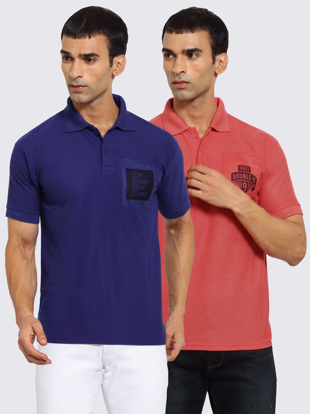 

KLOTTHE Men Navy Blue & Pink 2 Printed Polo Collar Pockets T-shirt