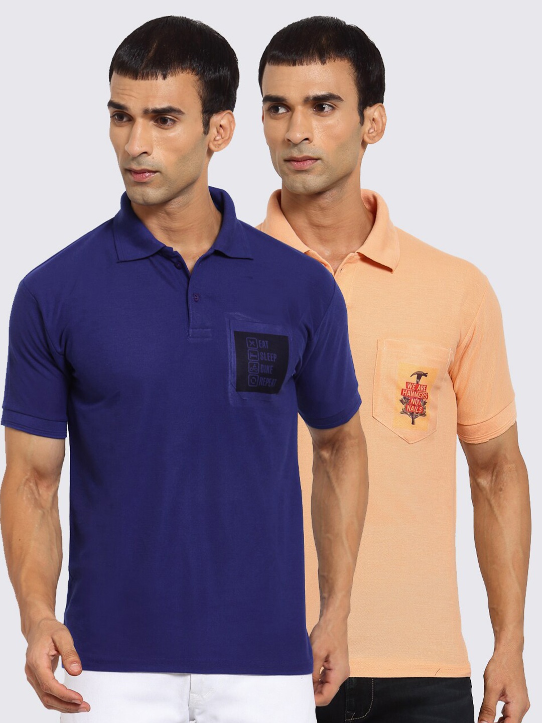 

KLOTTHE Men Navy Blue & Beige 2 Printed Polo Collar Pockets T-shirt