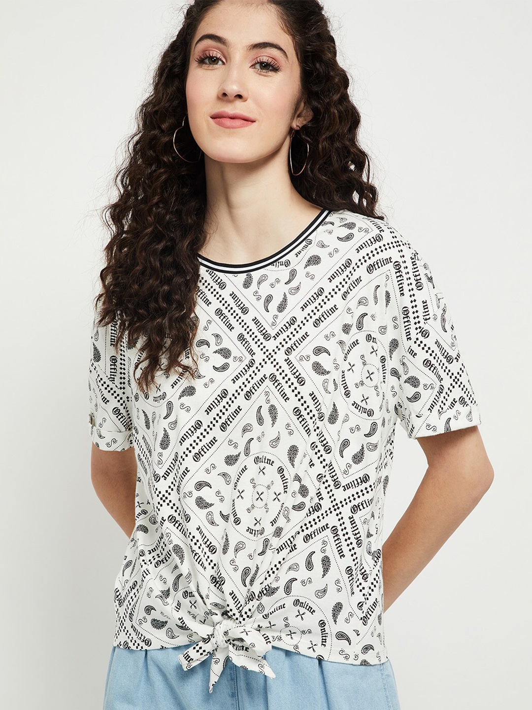 

max Women Cream-Coloured Printed Drop-Shoulder Sleeves T-shirt