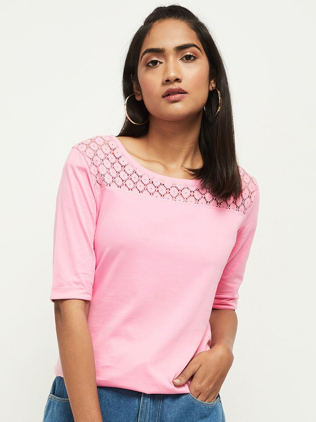 

max Women Multicoloured Striped V-Neck Pockets T-shirt, Multi