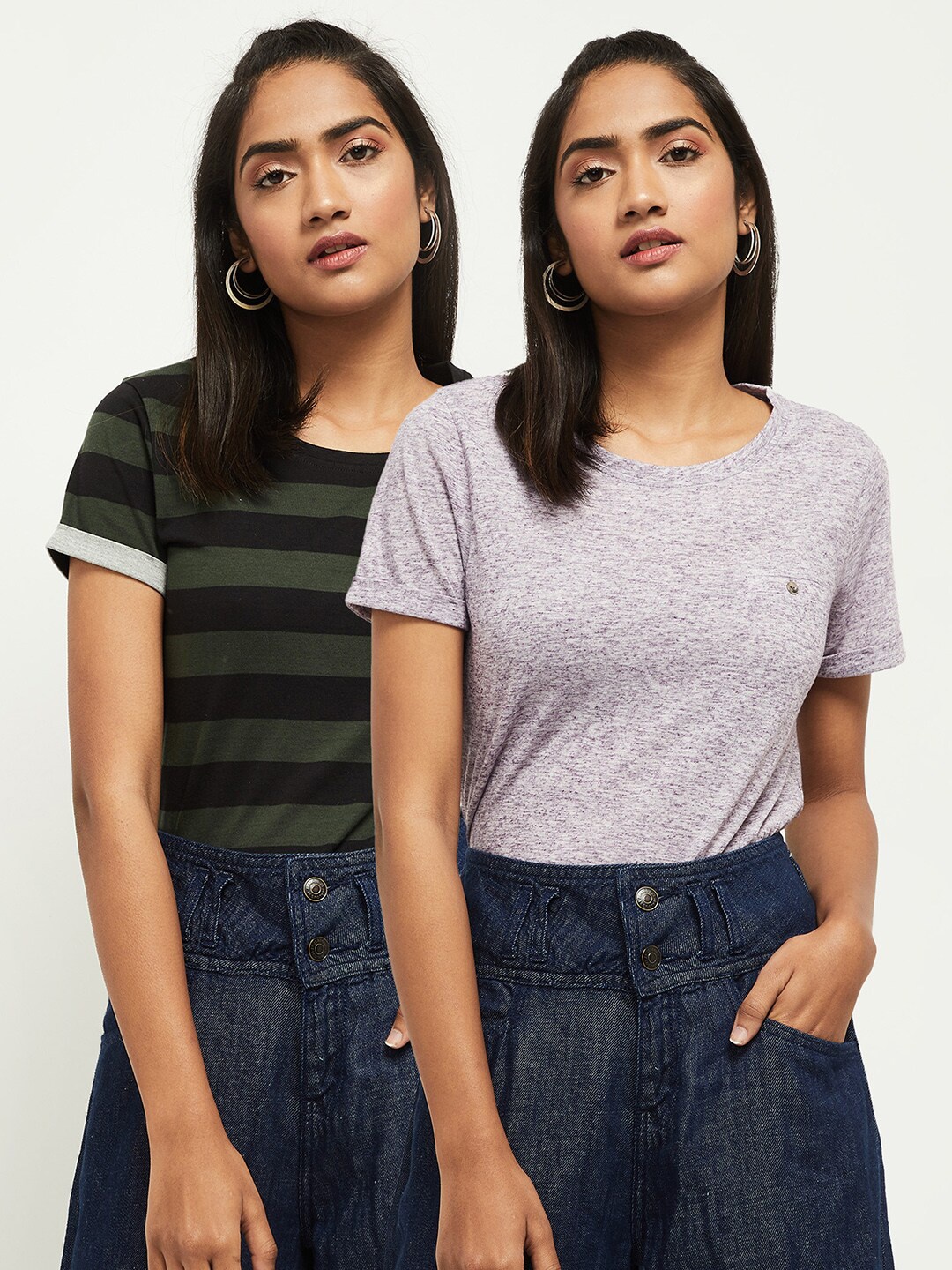 

max Women Multicoloured Striped V-Neck Pockets T-shirt, Multi