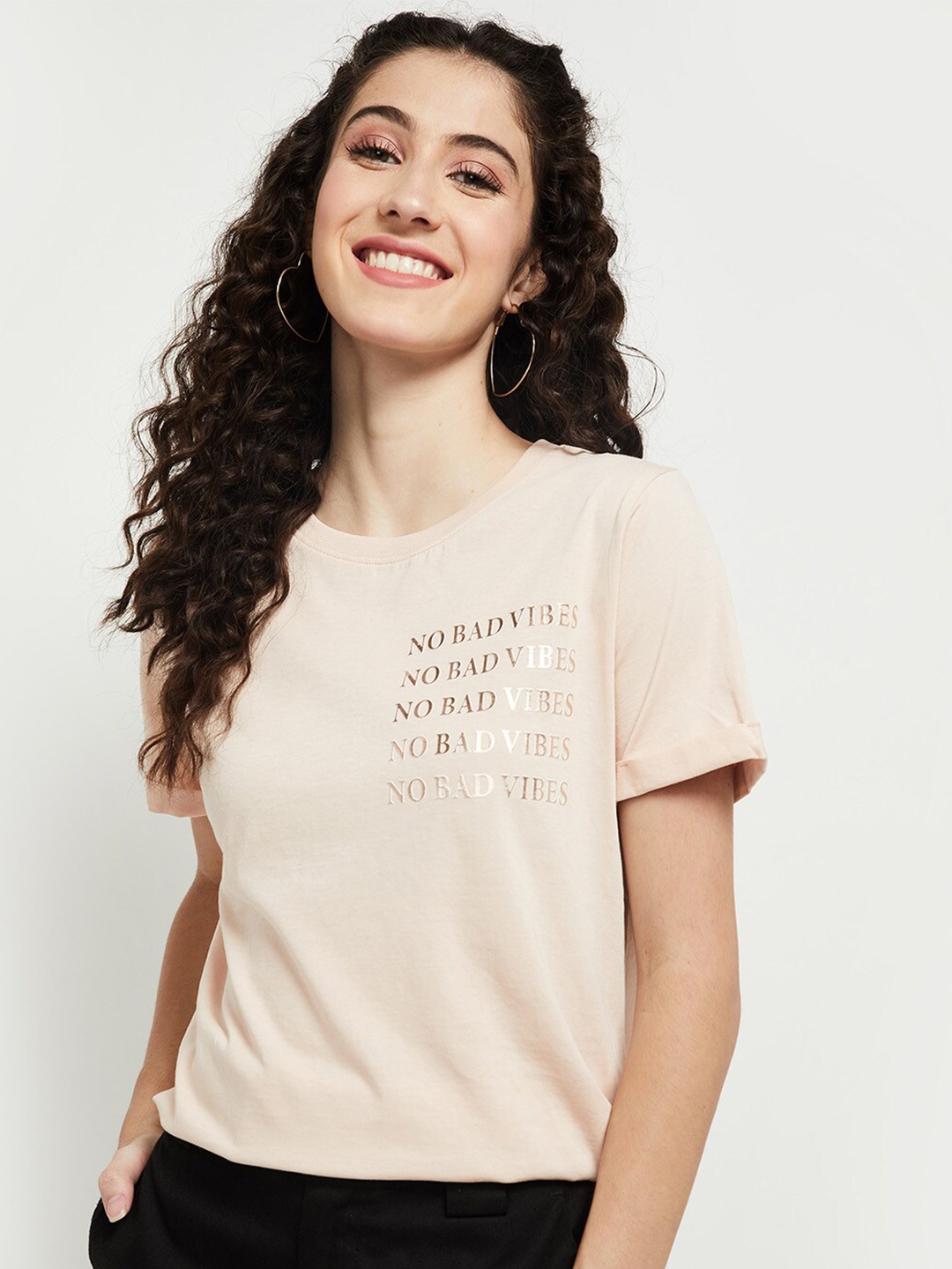 

max Women Pink Printed Extended Sleeves T-shirt