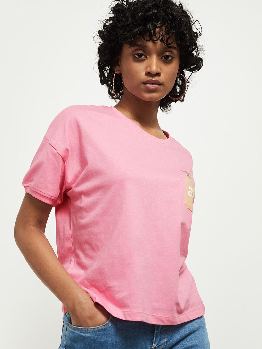 

max Women Pink V-Neck Extended Sleeves Pockets T-shirt