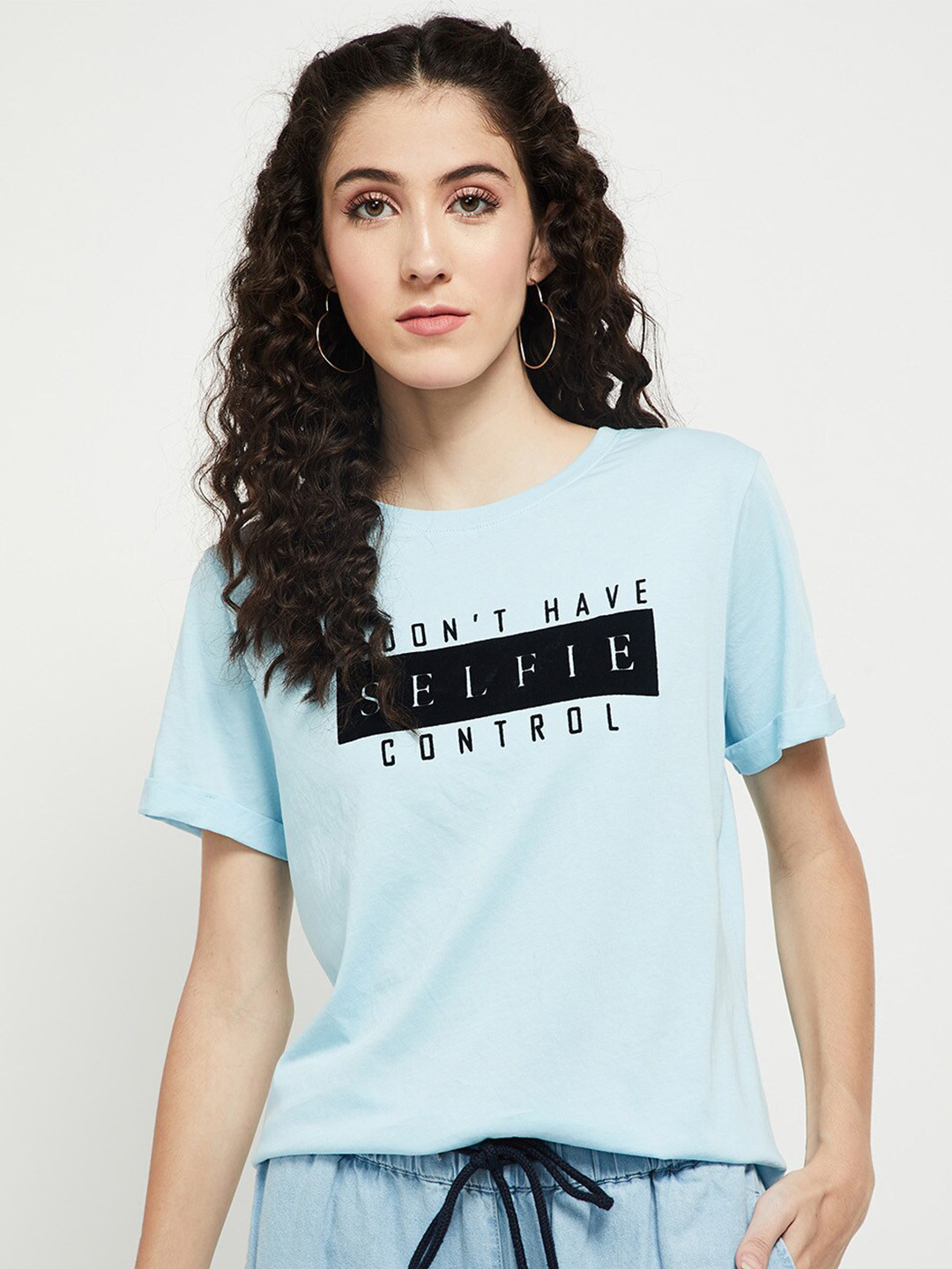 

max Women Blue Typography Printed Applique T-shirt
