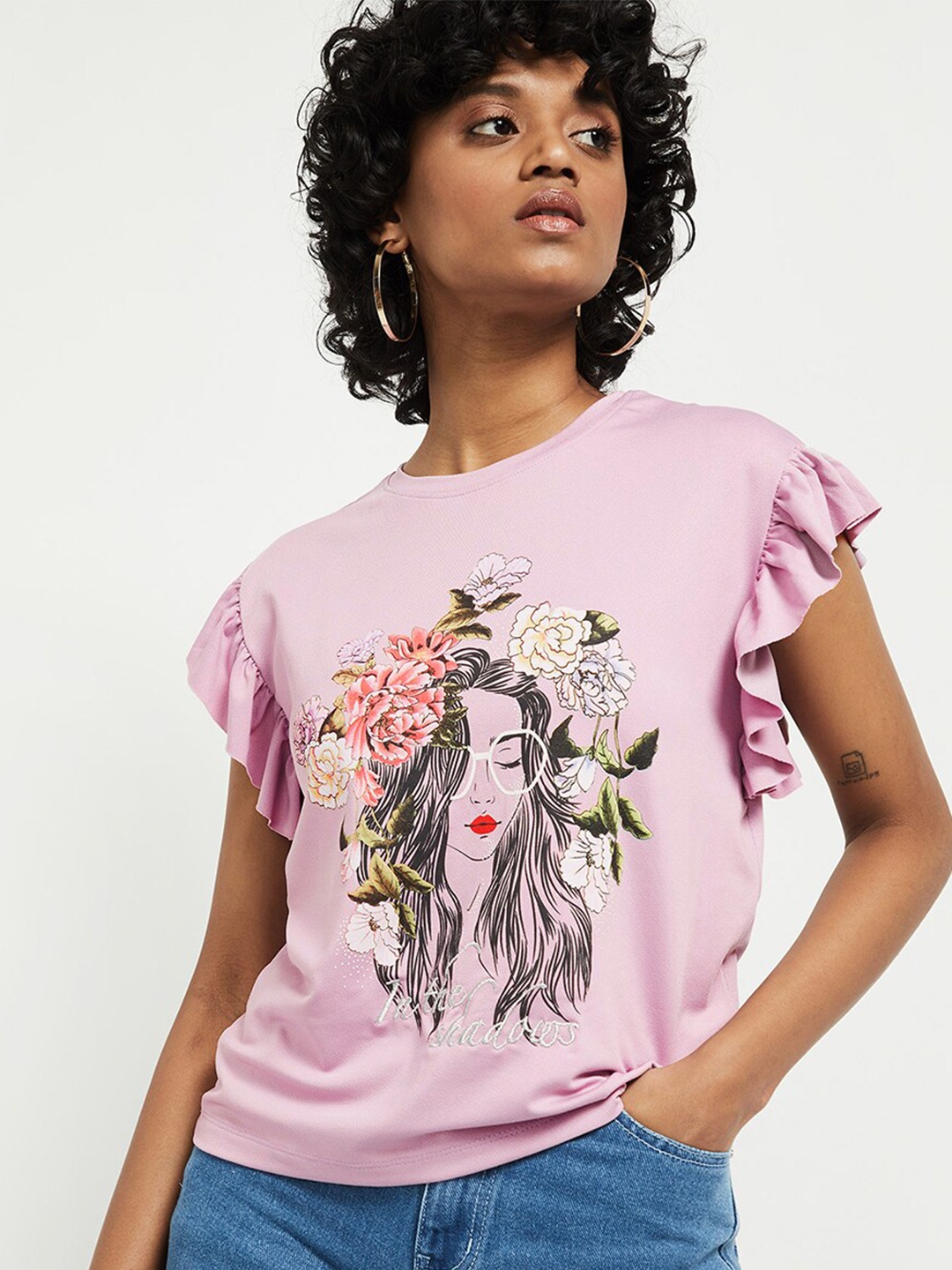 

max Women Lavender & Black Printed Extended Sleeves T-shirt