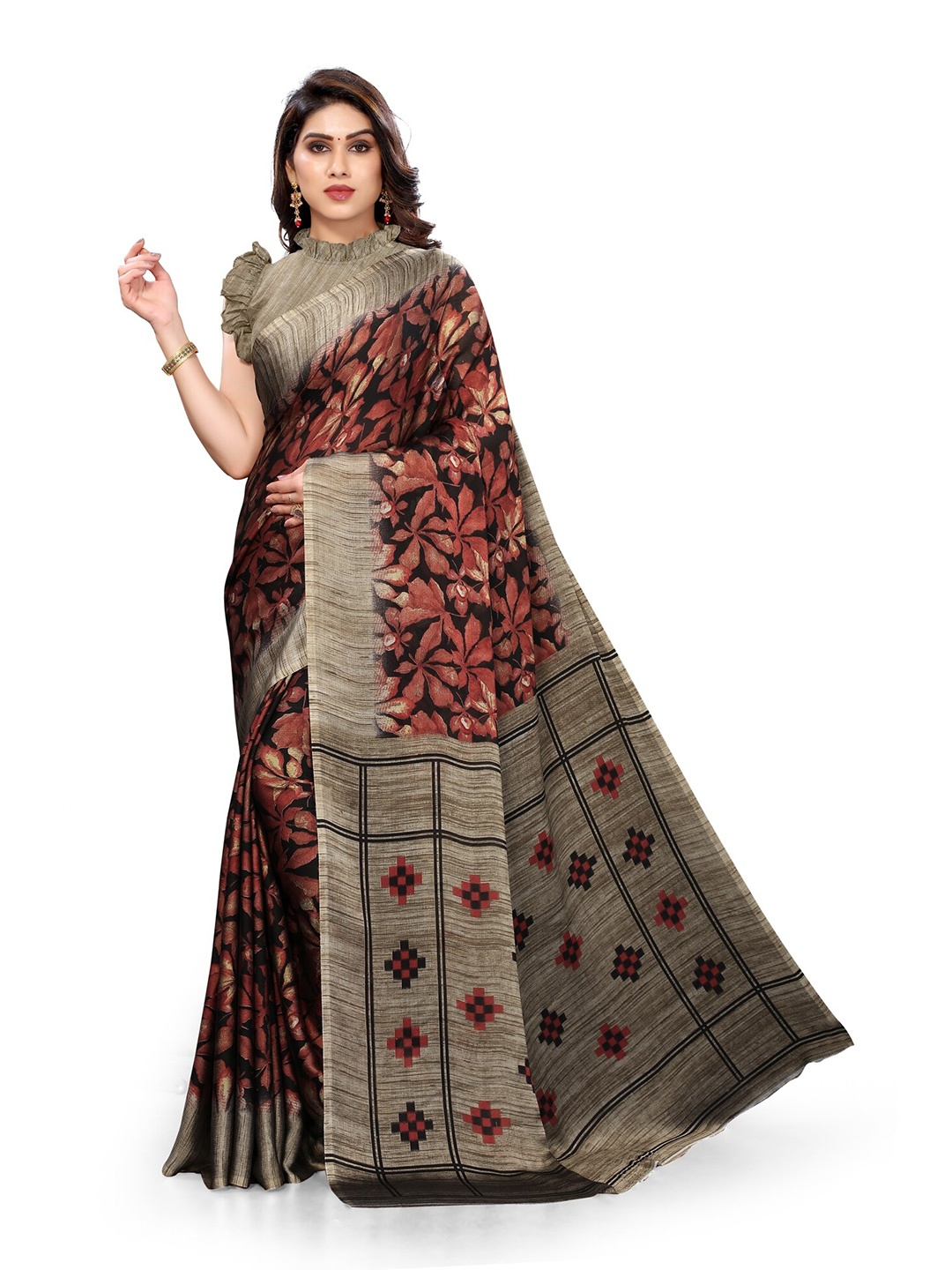 

KALINI Black & Red Floral Printed Bagh Saree