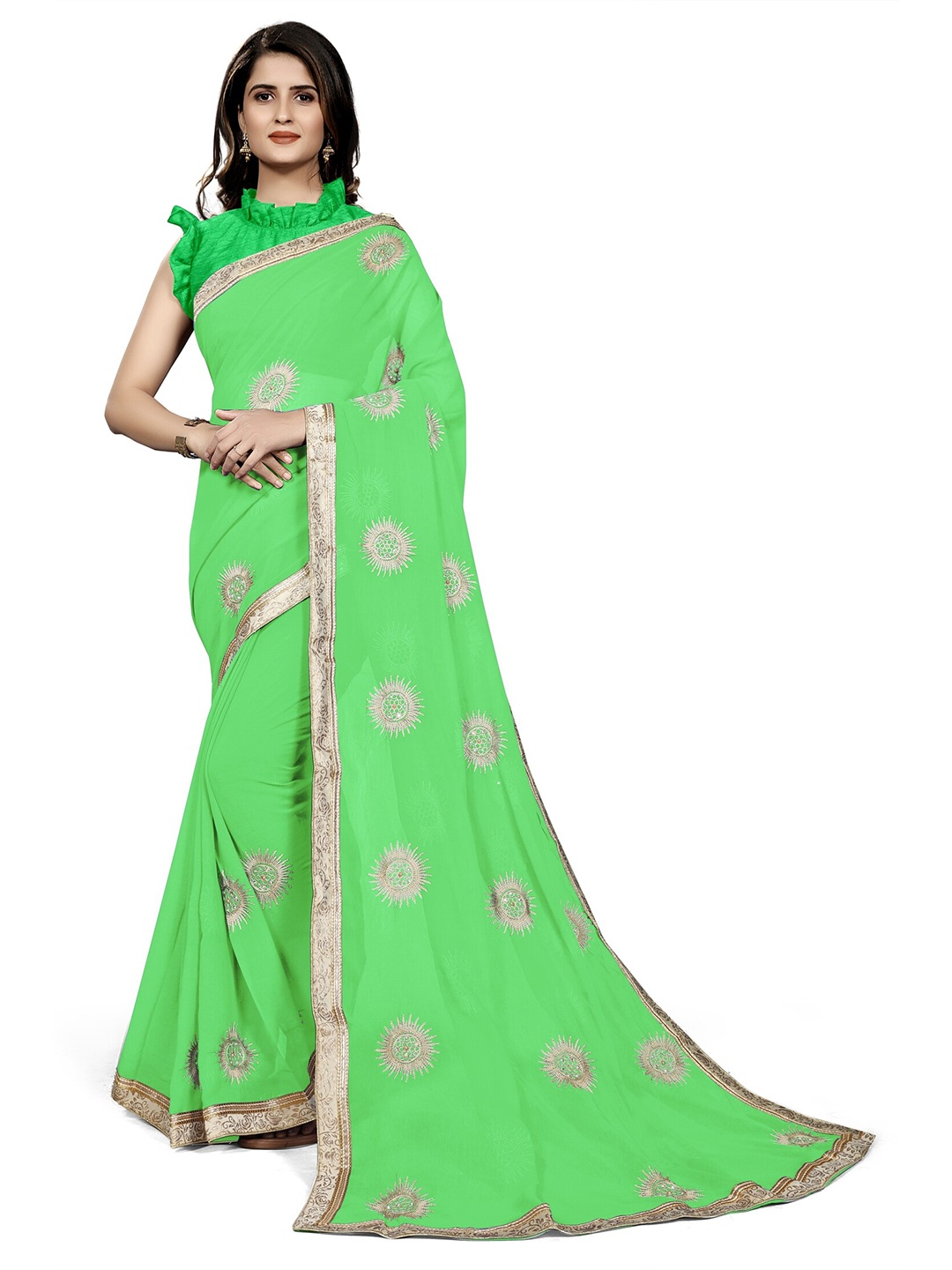 

KALINI Green & Silver-Toned Ethnic Motifs Embroidered Saree