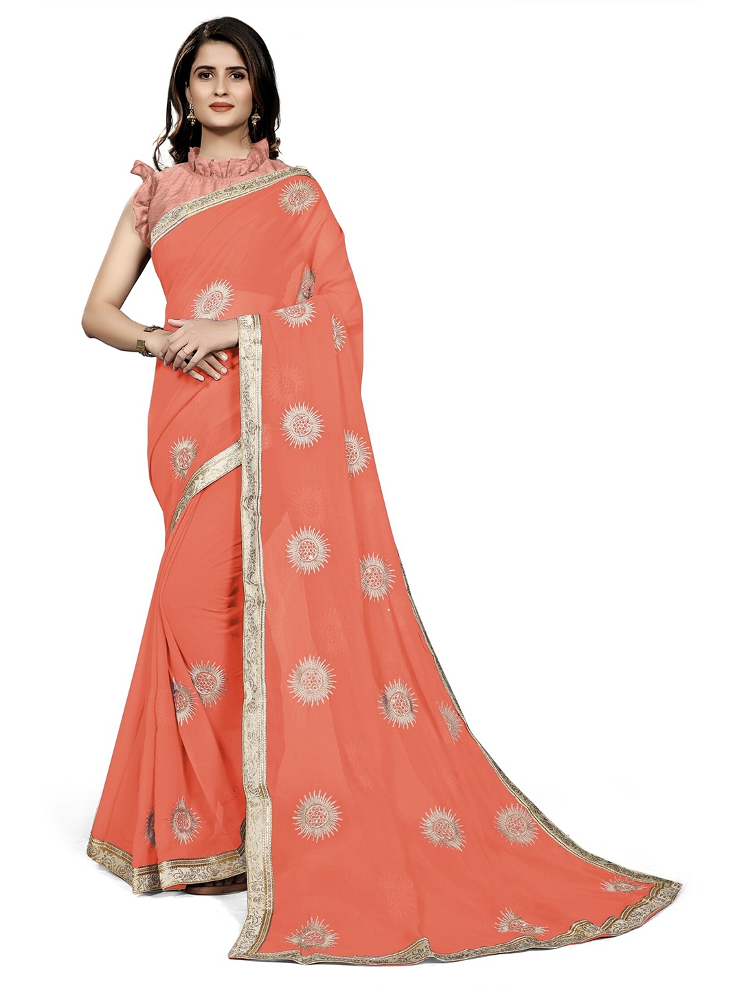 

KALINI Orange & White Ethnic Motifs Printed Embroidered Saree